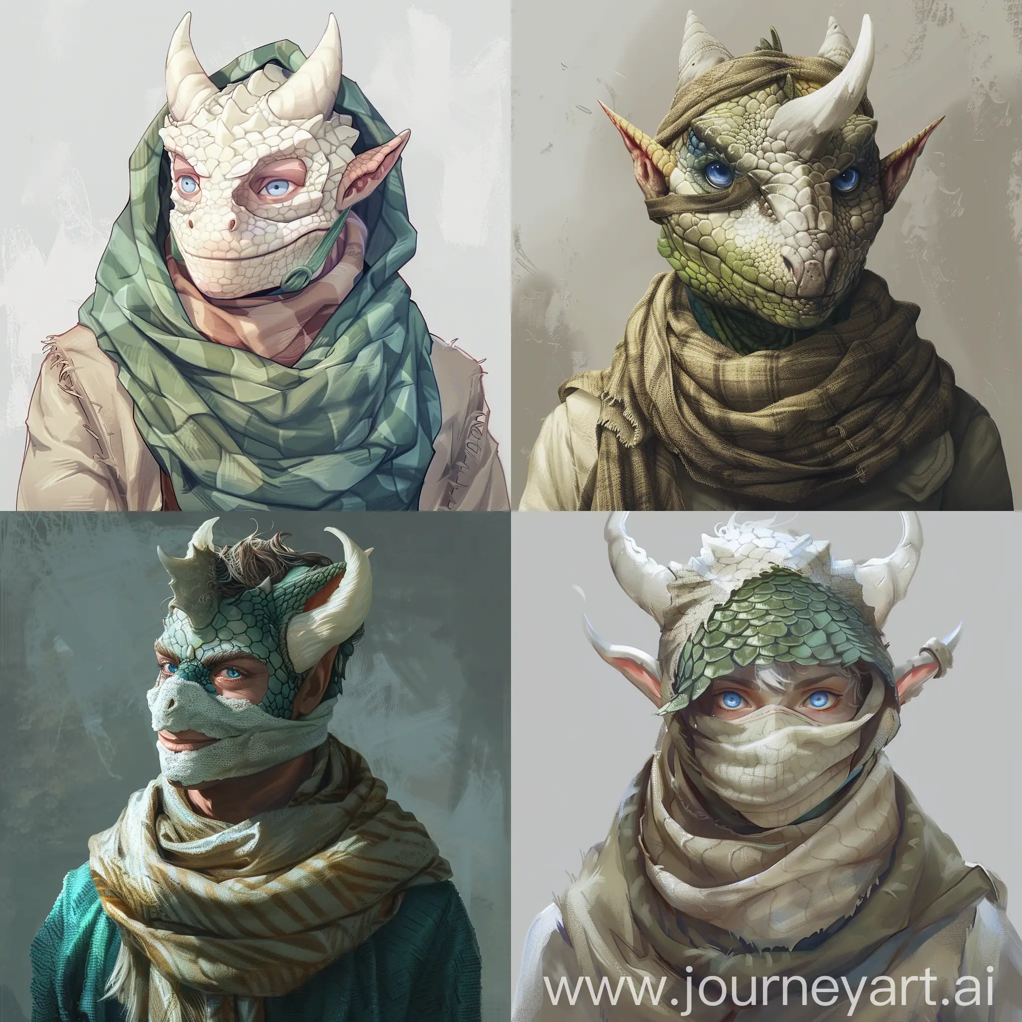 male, scalie, clothing, blush, scarf, reptile, scales, mask, smile, anthro, blue eyes, looking at viewer, hi res, absurd res, horn, green body, white horn, digital media \(artwork\), skyrim, narrowed eyes, ornithischian, facial horn