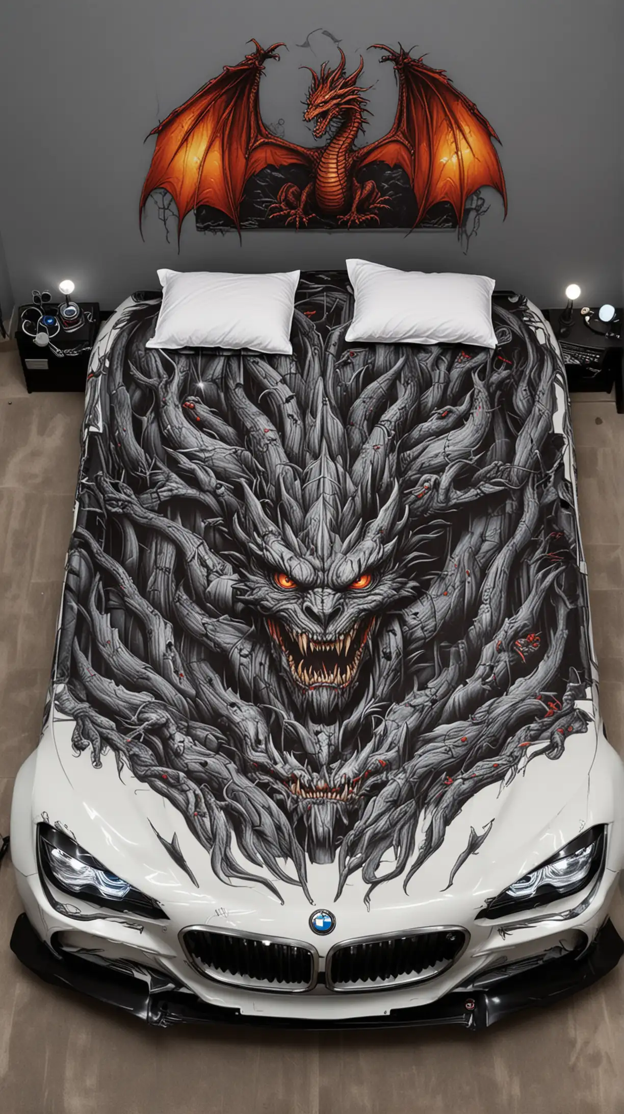 BMW CarShaped Double Bed with Good and Evil Dragon Graphics