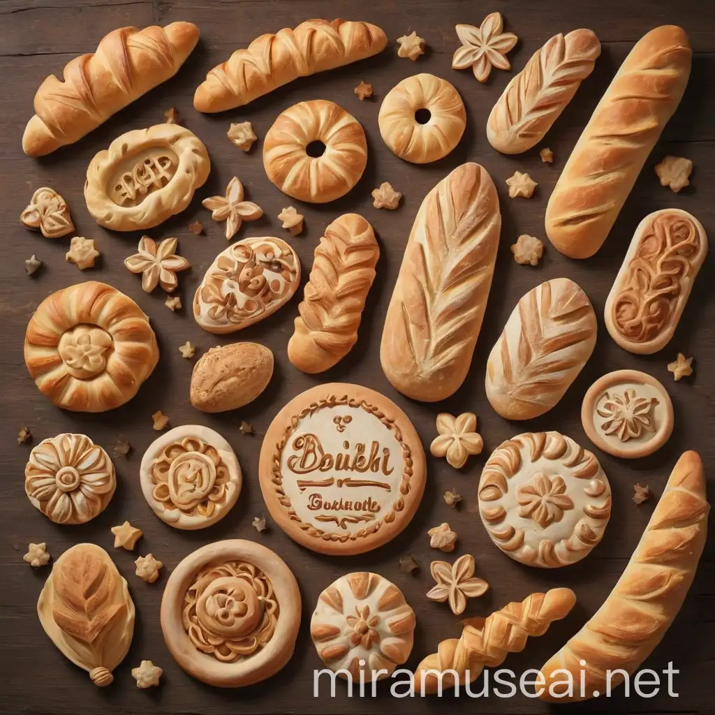 Орнамент из теста, сказка, пекарня, хлеб, батон, рогалики, логотип.