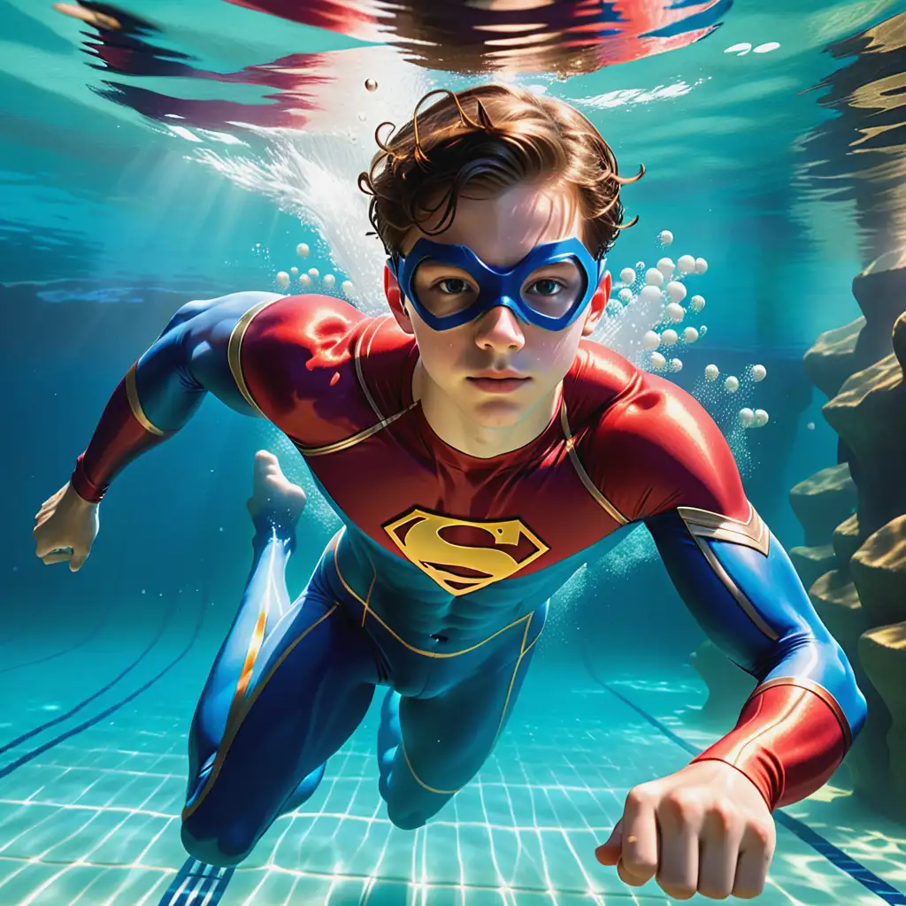 teen Aquaboy superhero, swimming underwater 