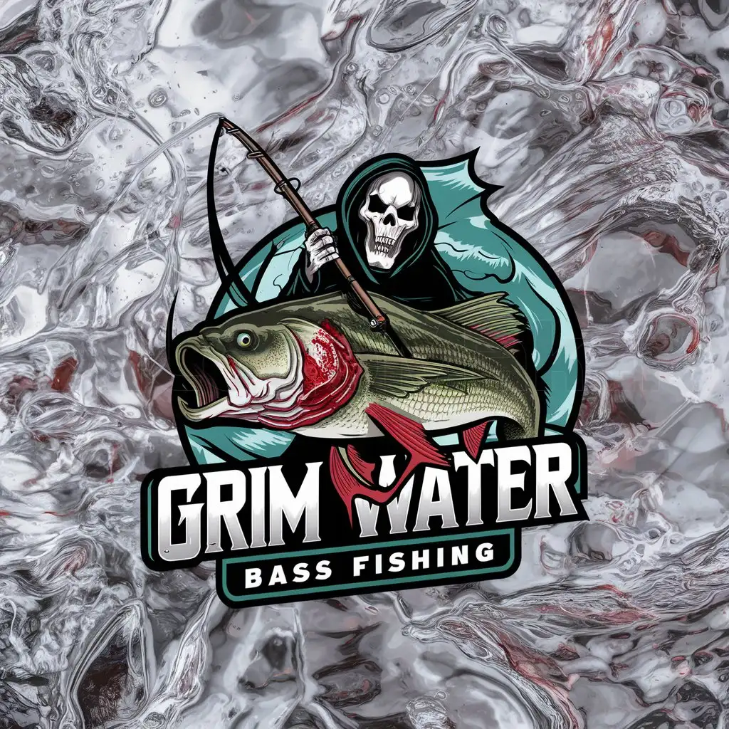 a logo design,with the text "Grim Water Bass Fishing", main symbol:Grim Reaper riding a bleeding BASS,complex,clear background