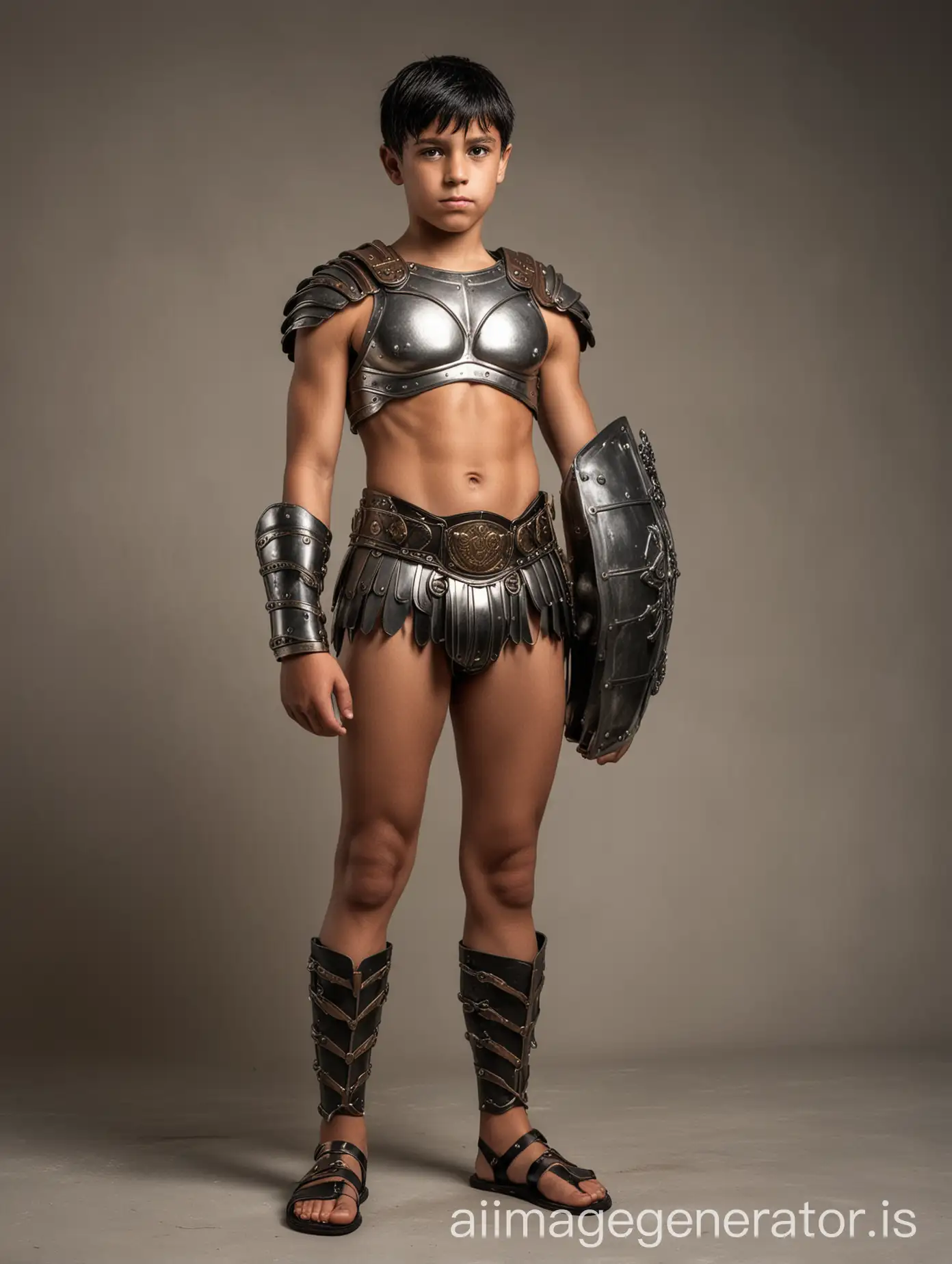 Realistic photo of a Roman boy gladiator standing looking at viewer wearing chest armor in the shape of muscles. He wears an armored metal bikini brief. He has a bowl haircut, black hair and bronze skin. He wears sandals and leggings over knees. Full body shot.