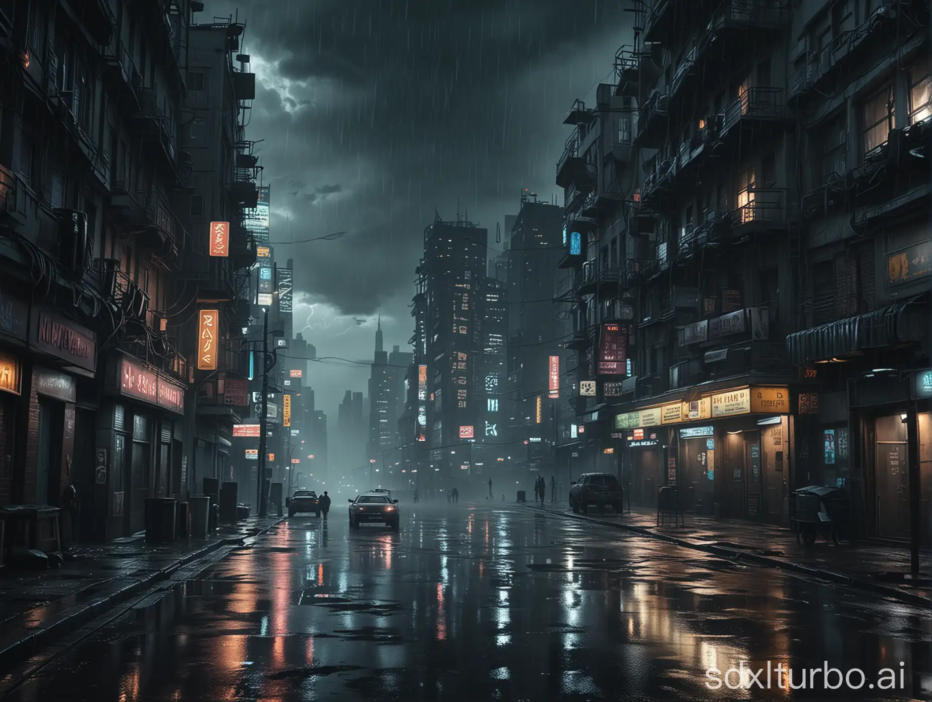 Hyper-Realistic-Dystopian-Cyberpunk-Poor-City-Night-in-Rainy-Thunderstorm
