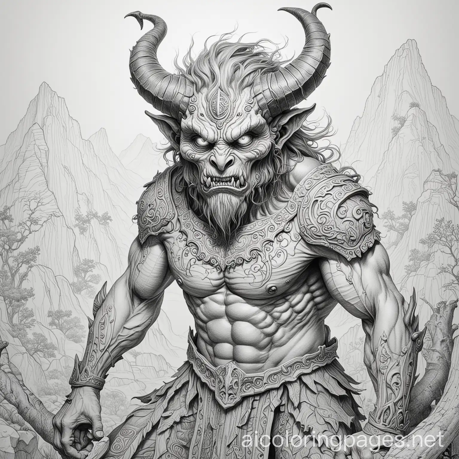 ancient demon, black and white, difficult, ample white , Coloring Page, black and white, line art, white background, Simplicity, Ample White Space. The background of the coloring page is plain white to make it easy for young children to color within the lines. The outlines of all the subjects are easy to distinguish, making it simple for kids to color without too much difficulty