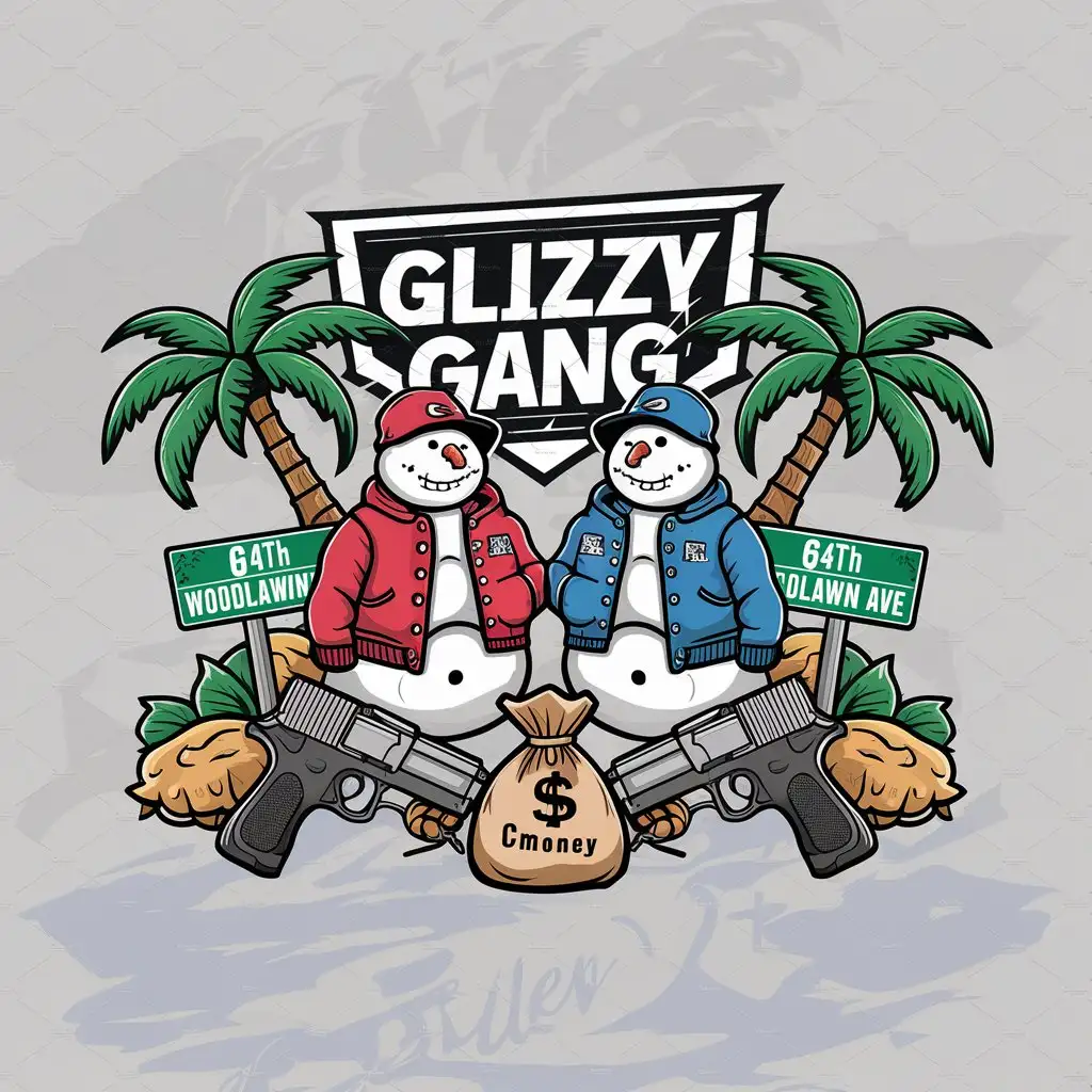 a logo design,with the text "Glizzy Gang", main symbol:2 snow man’s wearing red and blue baseball jackets street wear apparel,2 palm trees, 2 Glocks and a money bag that says ‘Cmoney’ on it and a street sign that’s says ‘64th Woodlawn Ave’,Moderate,clear background