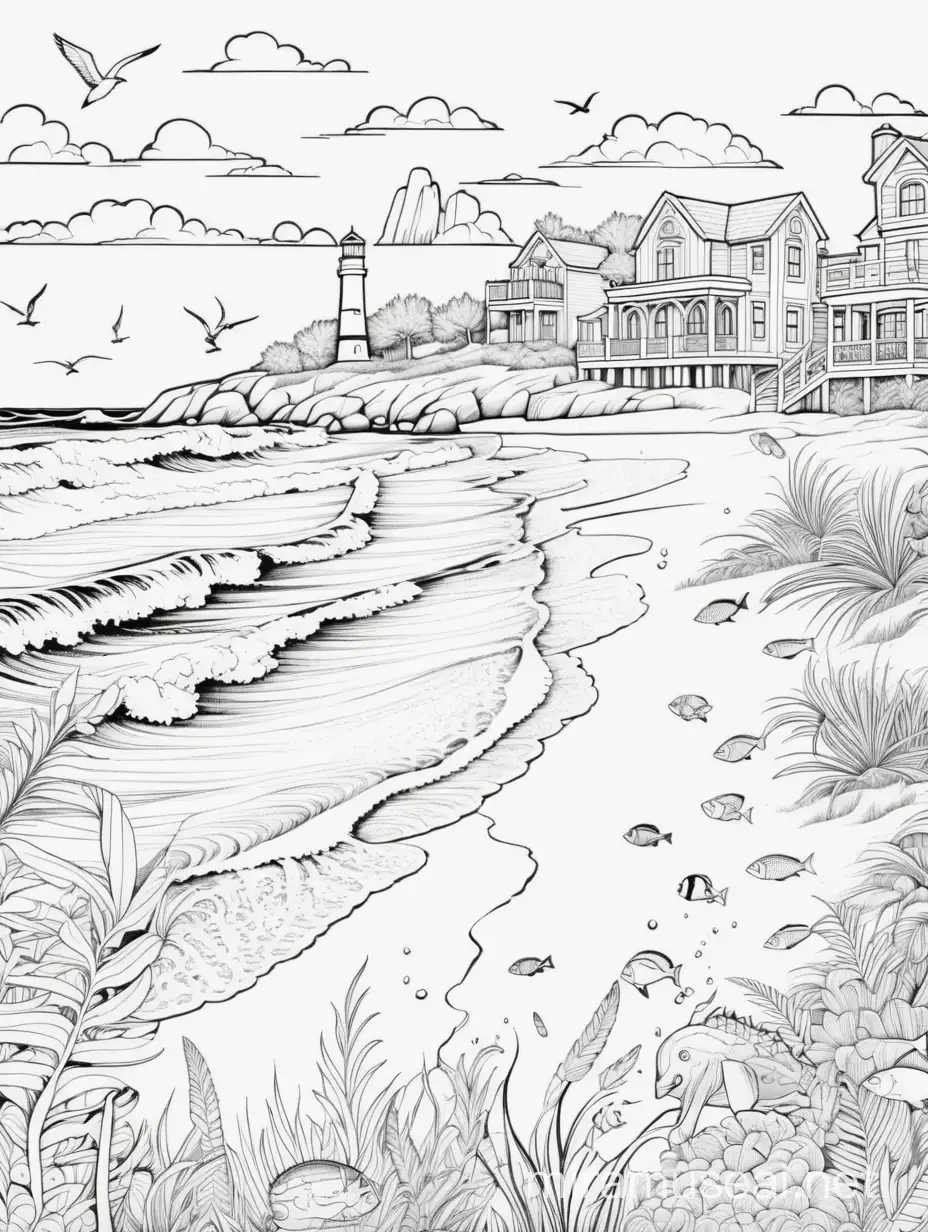 Serene Seashore Coloring Page for Adults Relaxing Coastal Scene