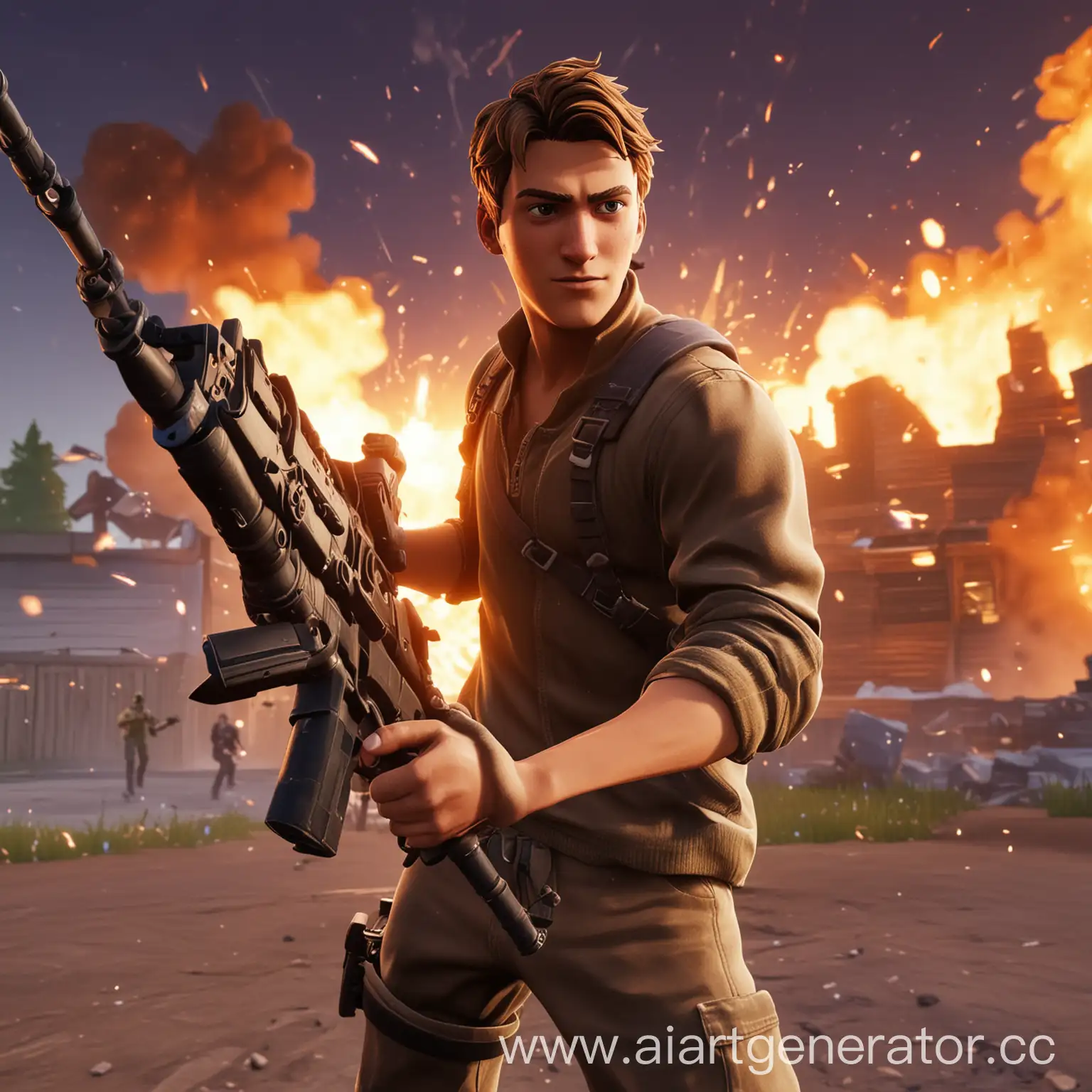 Intense-Fortnite-Warrior-with-Weapon-Amid-Explosive-Action