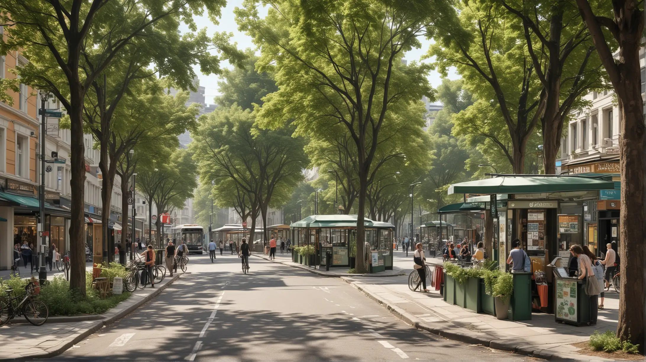 Draw a street, between buildings, with big trees, without cars, with bikes, with two large  sidewalk for both side and some people taking a cup of tea or coffe, and a bus, a news kiosk