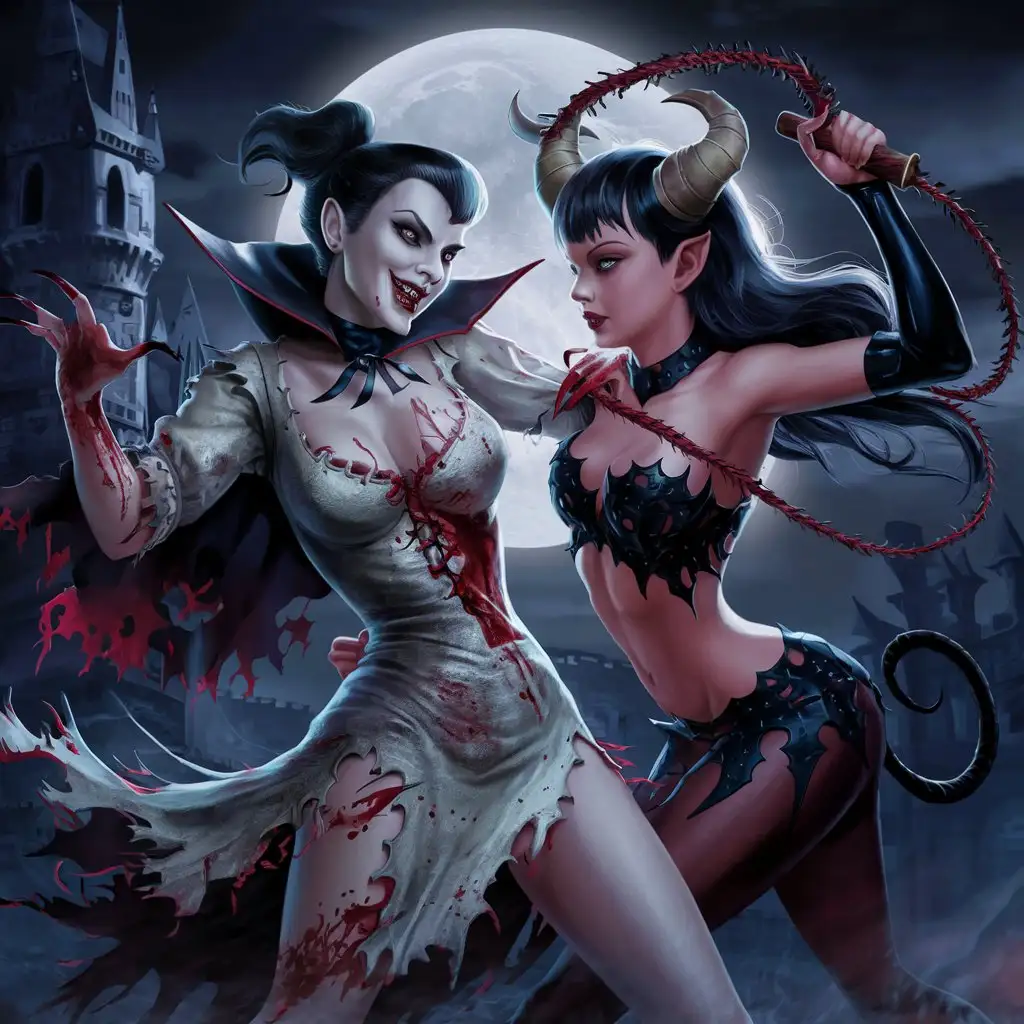 female vampire dressed in ripped up dress fights a good looking demon girl  