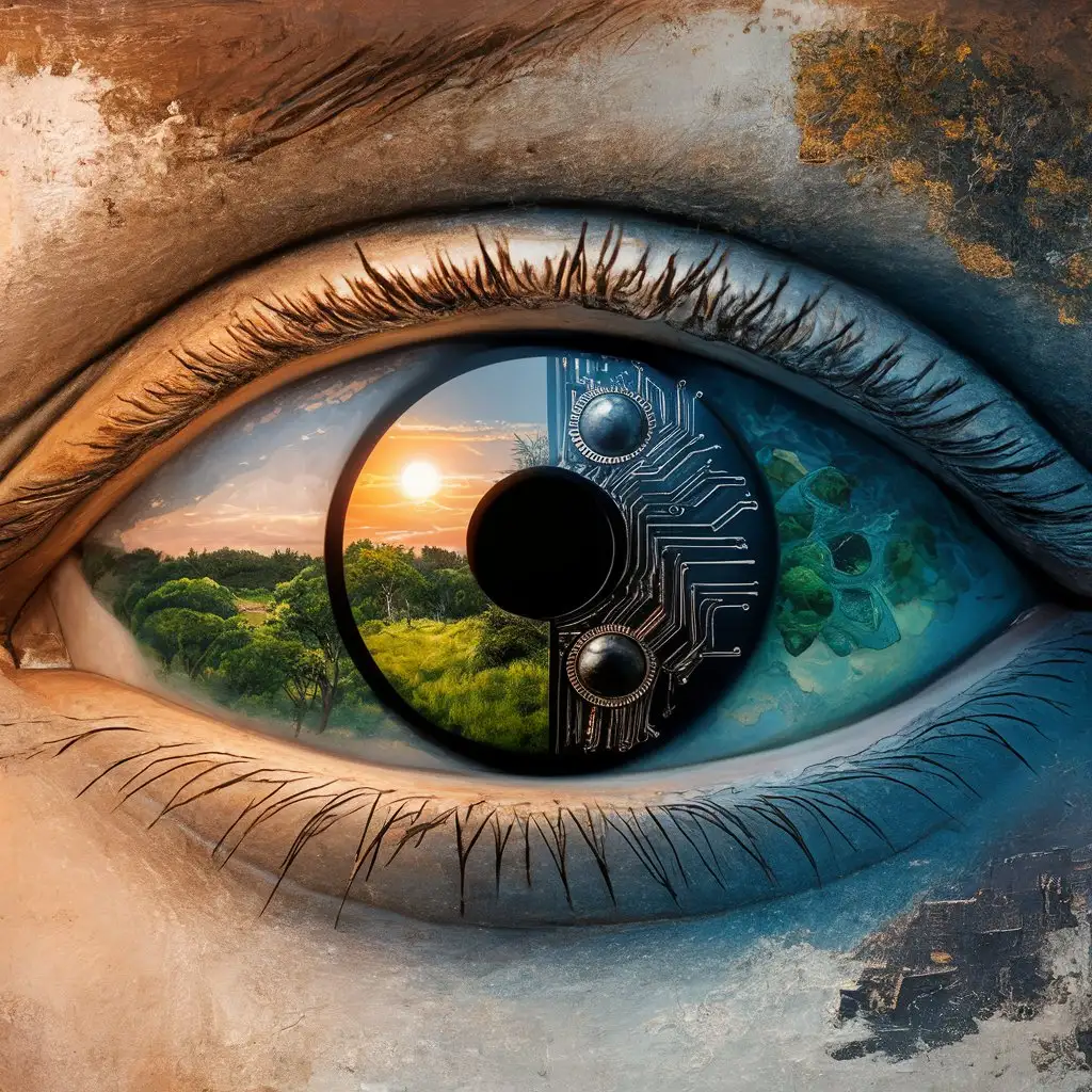 Глаз в котором отражение природы и технологии