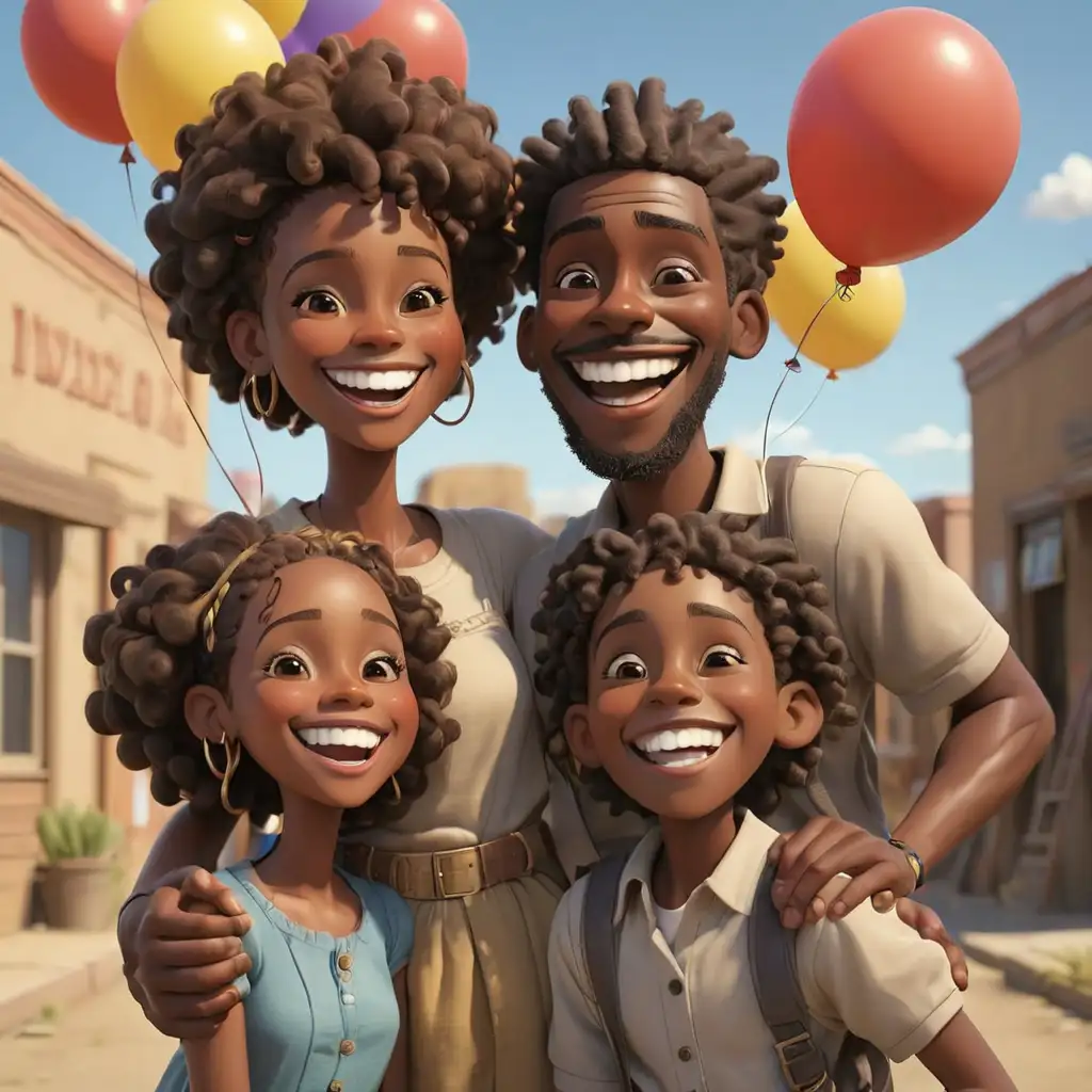 detailed 3D cartoon-style juneteenth african americans smiling with balloon in new mexico 
