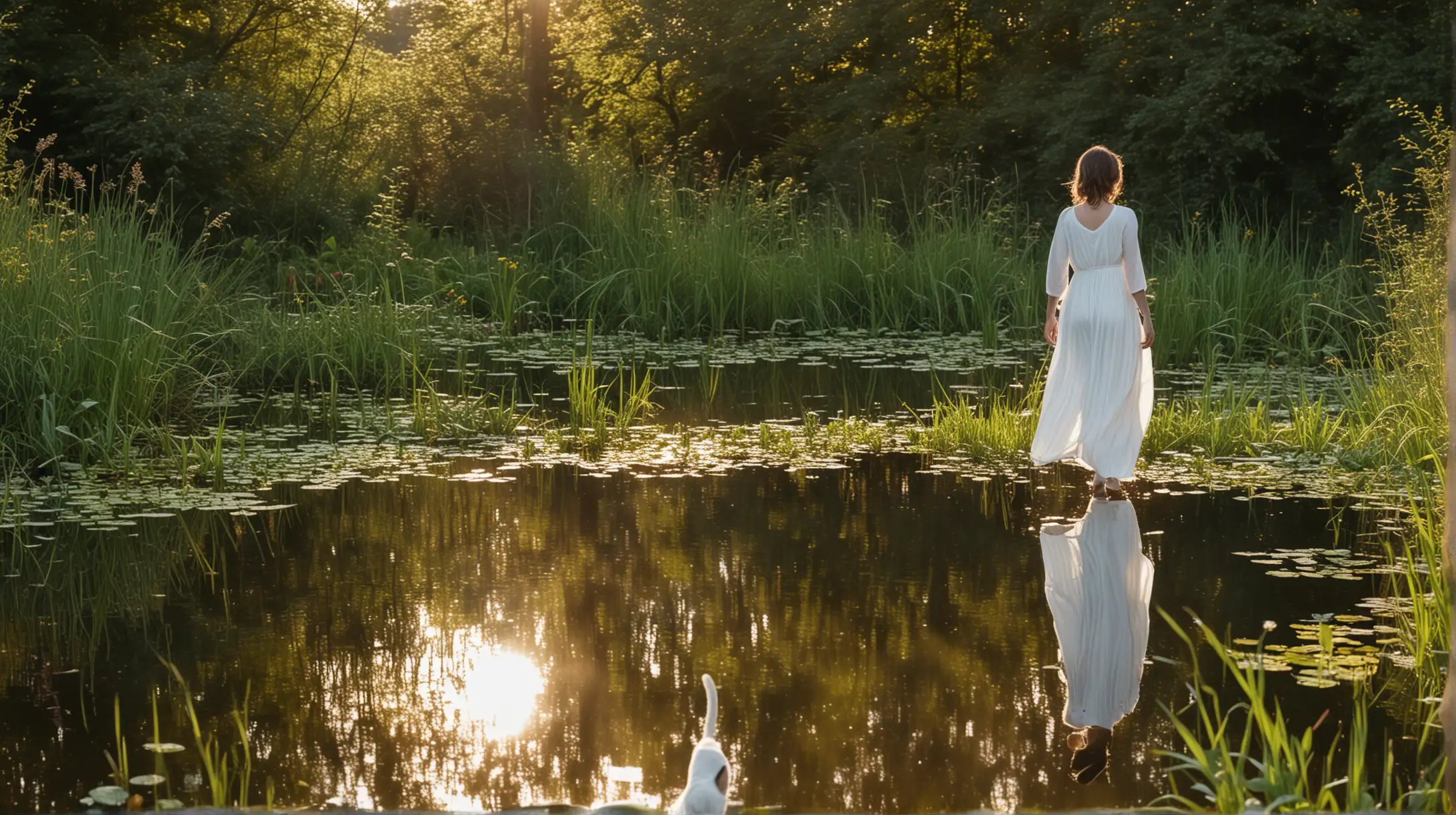 A woman in a long white dress and her favourite black cat walk around a small wild pond, late afternoon