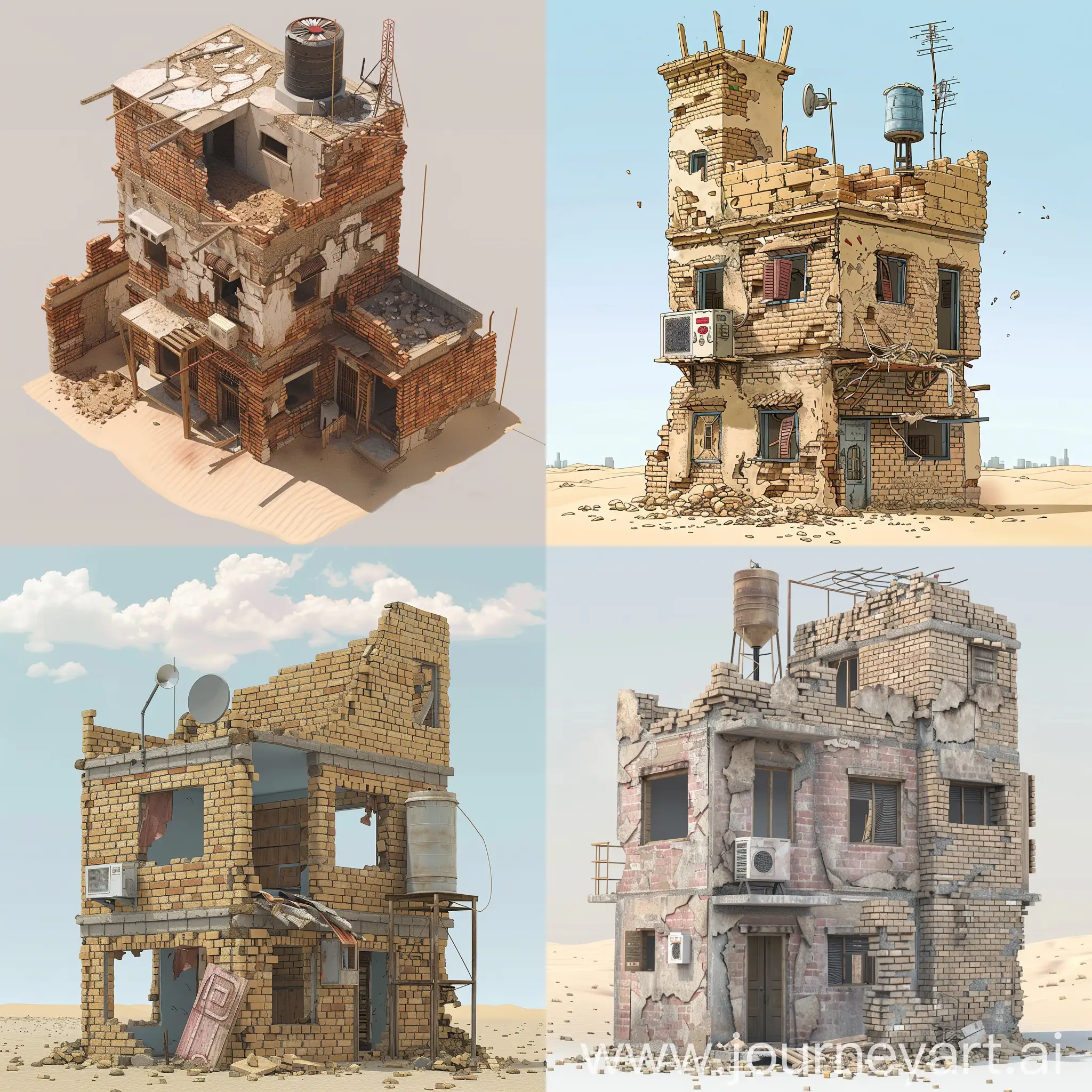 A small, unfinished, roofless, shabby half-abandoned 3-story brick residential village house, partially destroyed, with air conditioning and water tower, located in a dry climate, in a remote part of the desert, in a poor village near south Cairo in 2D.