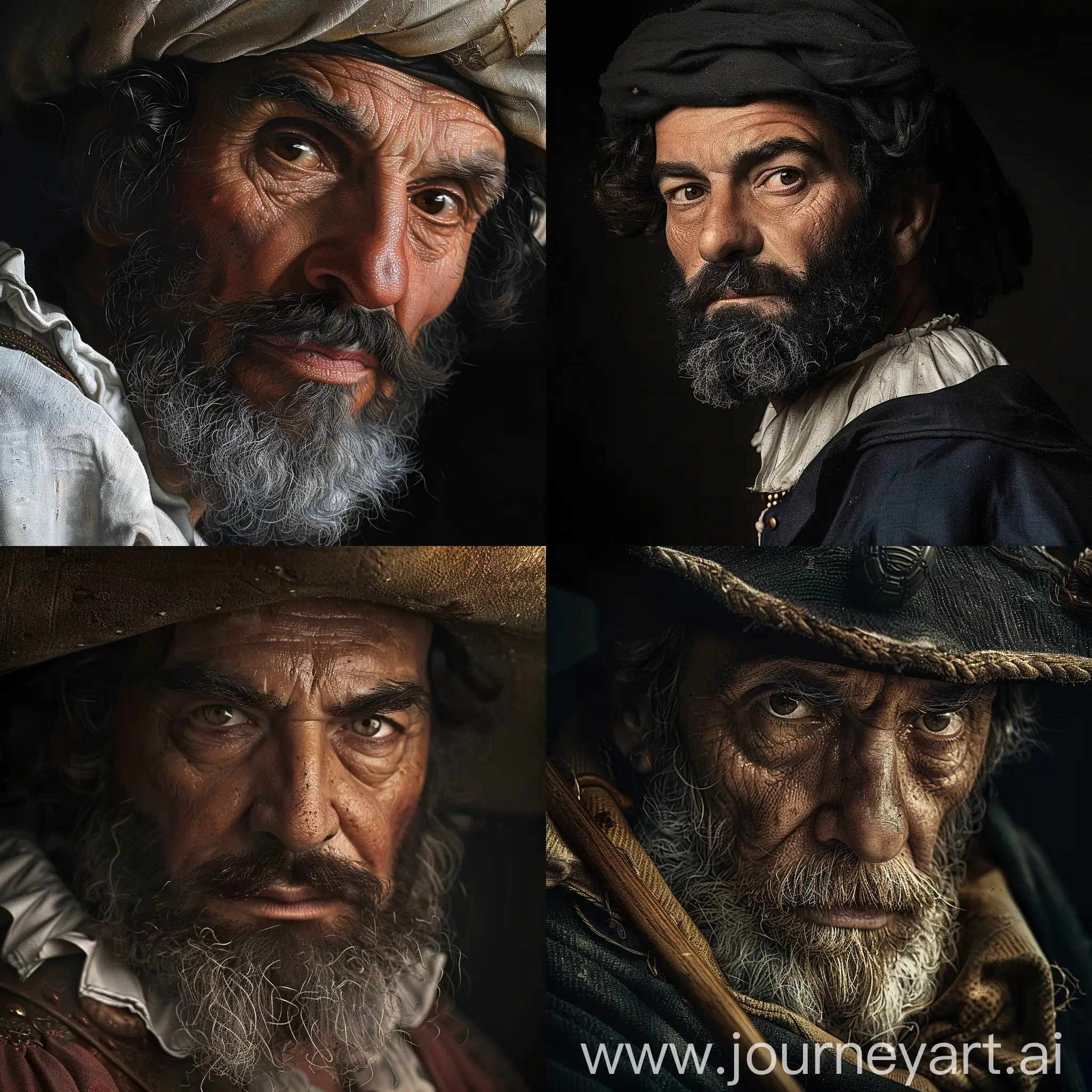 Portuguese sailor from the 16th century xvi fighting Adamastor very realistic photo, photorealism, a kind and serene face of the writer, wide angle 