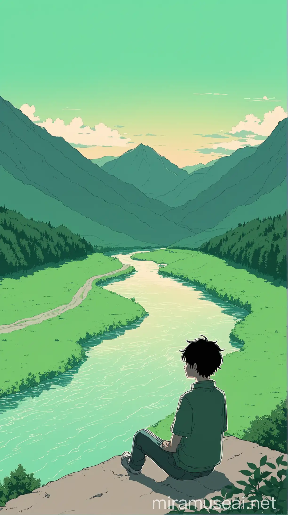 vector cute aesthetic anime, boy seat front of river, mountain, lo-fi, nature, sky, green, silence