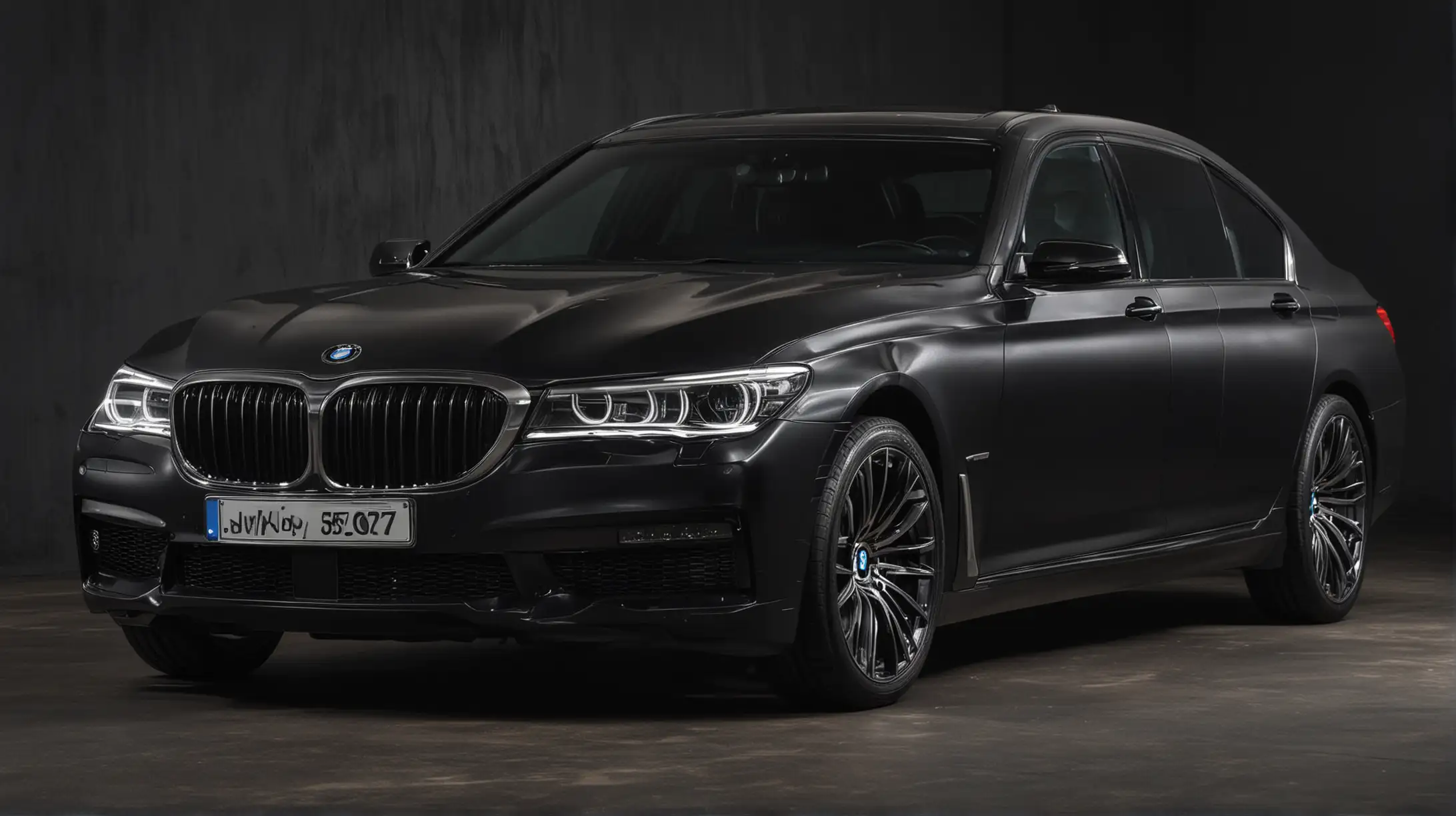 BMW 7 Series Luxury Car with Illuminated Headlights on Black Background