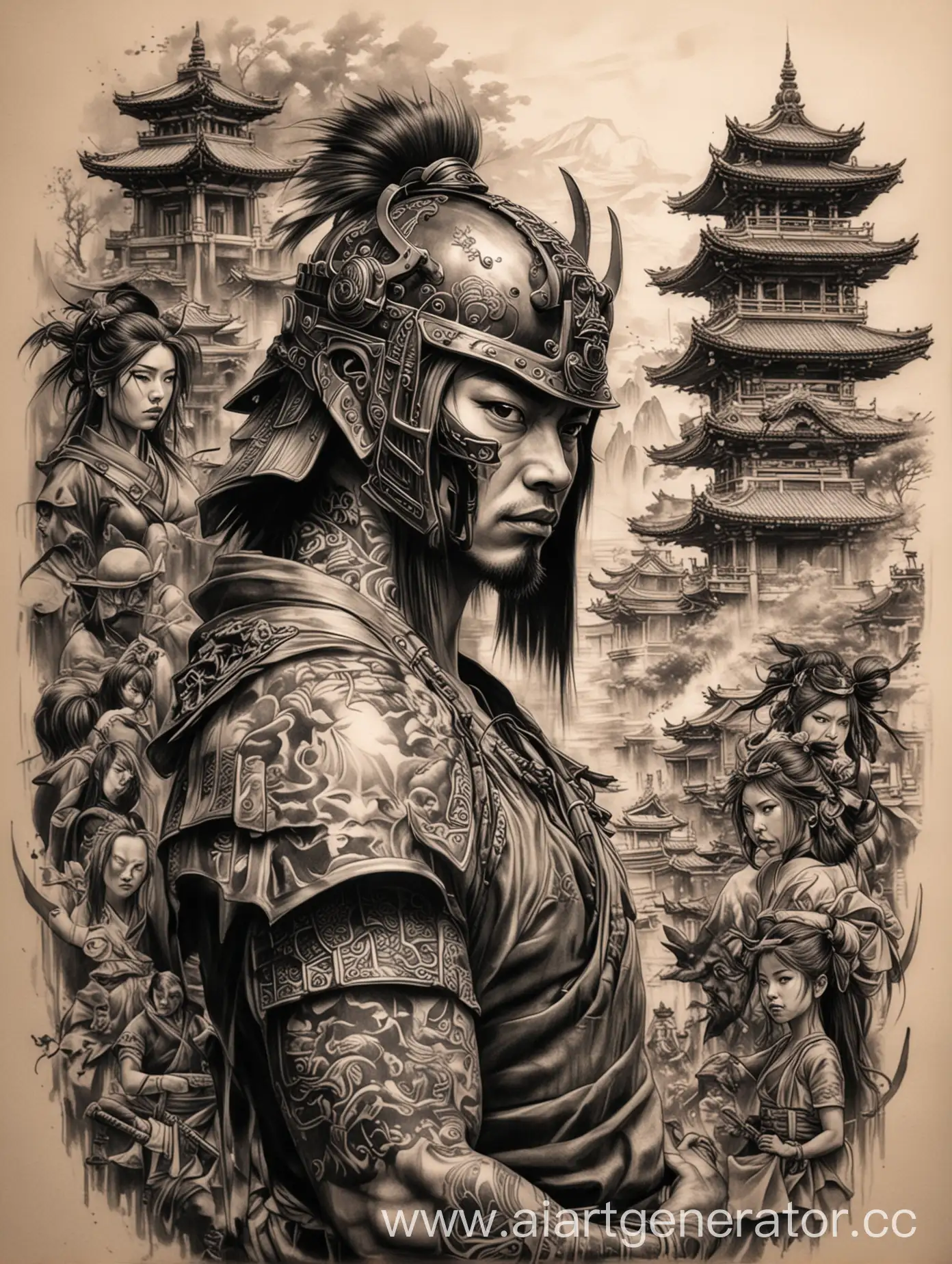 Samurai-Man-Tattoo-Sketch-Surrounded-by-Soulless-Girls-at-Temple-Backdrop