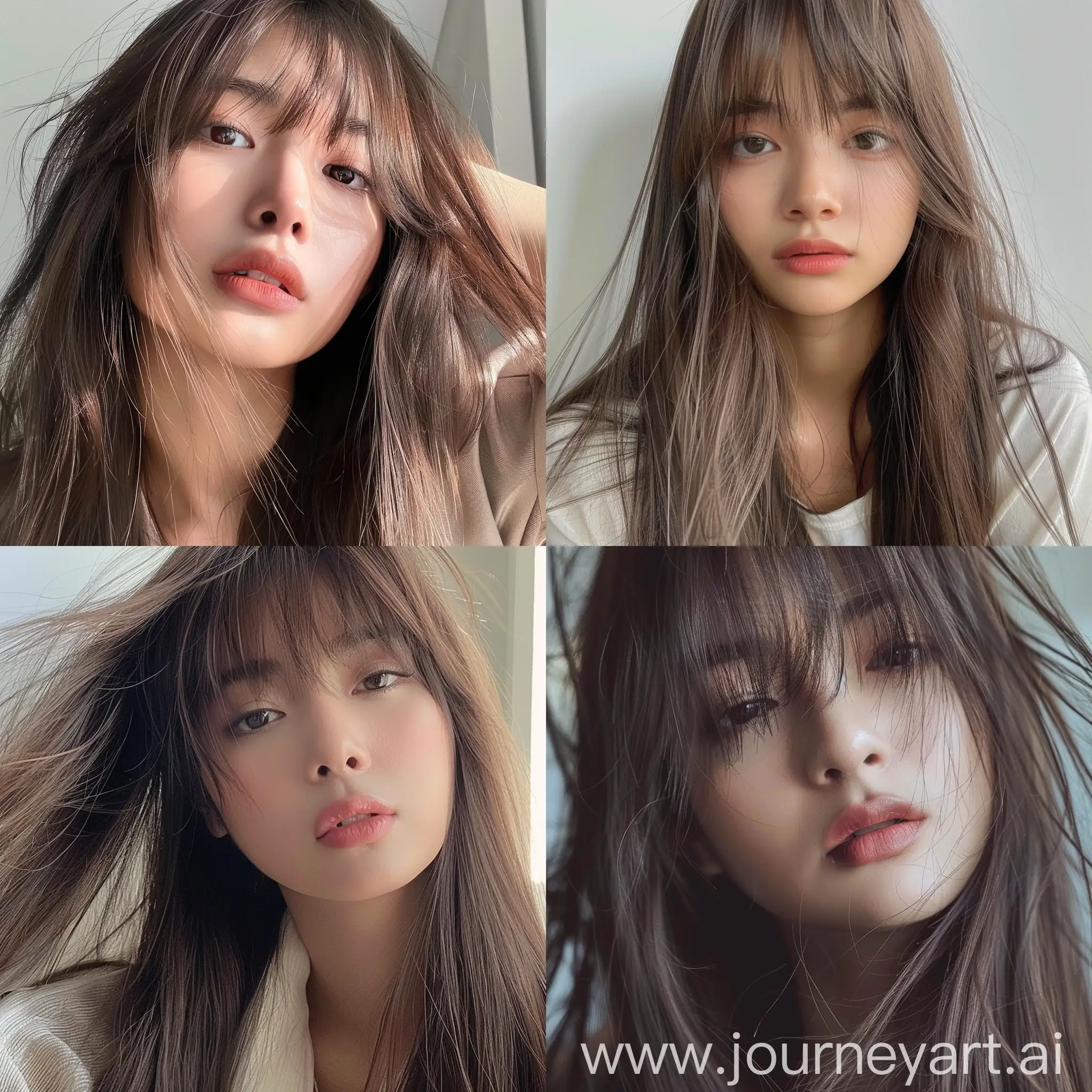 a close up of a person with long hair, lalisa manobal, bae suzy, center parted bangs, neat hair with bangs, fluffy bangs, brown bangs, with bangs, cute korean actress, lalisa manoban of blackpink, long hair with bangs, with full bangs, brown long hair with bangs, curtain bangs, long straight bangs