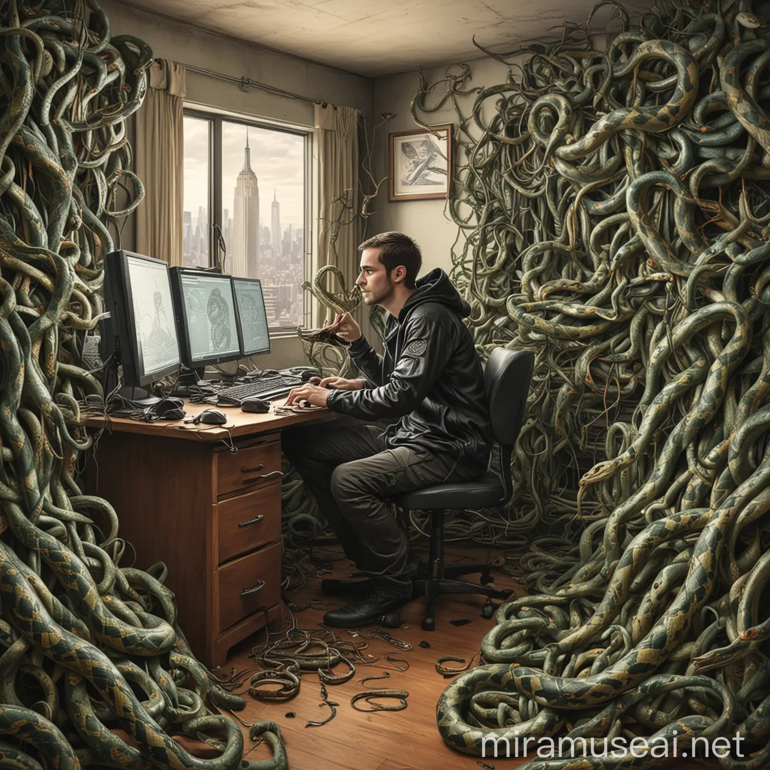 draw me a picture of a hacker sitting at a computer in a room full of snakes in a penthouse in NYC