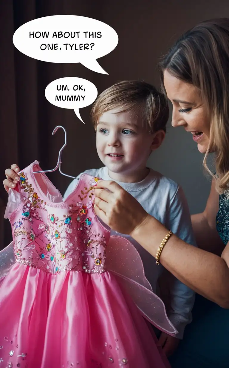 (((Gender role reversal))), Photograph of a cute little 6-year-old boy, the boy watches curiously while his mother is picking out a sparkly pink fairy dress from his sister's wardrobe to dress the boy up in, English, perfect children faces, perfect faces, smooth, mother speech bubble captions 'How about this one Tyler?', boy speech bubble captions 'Um, ok mummy'