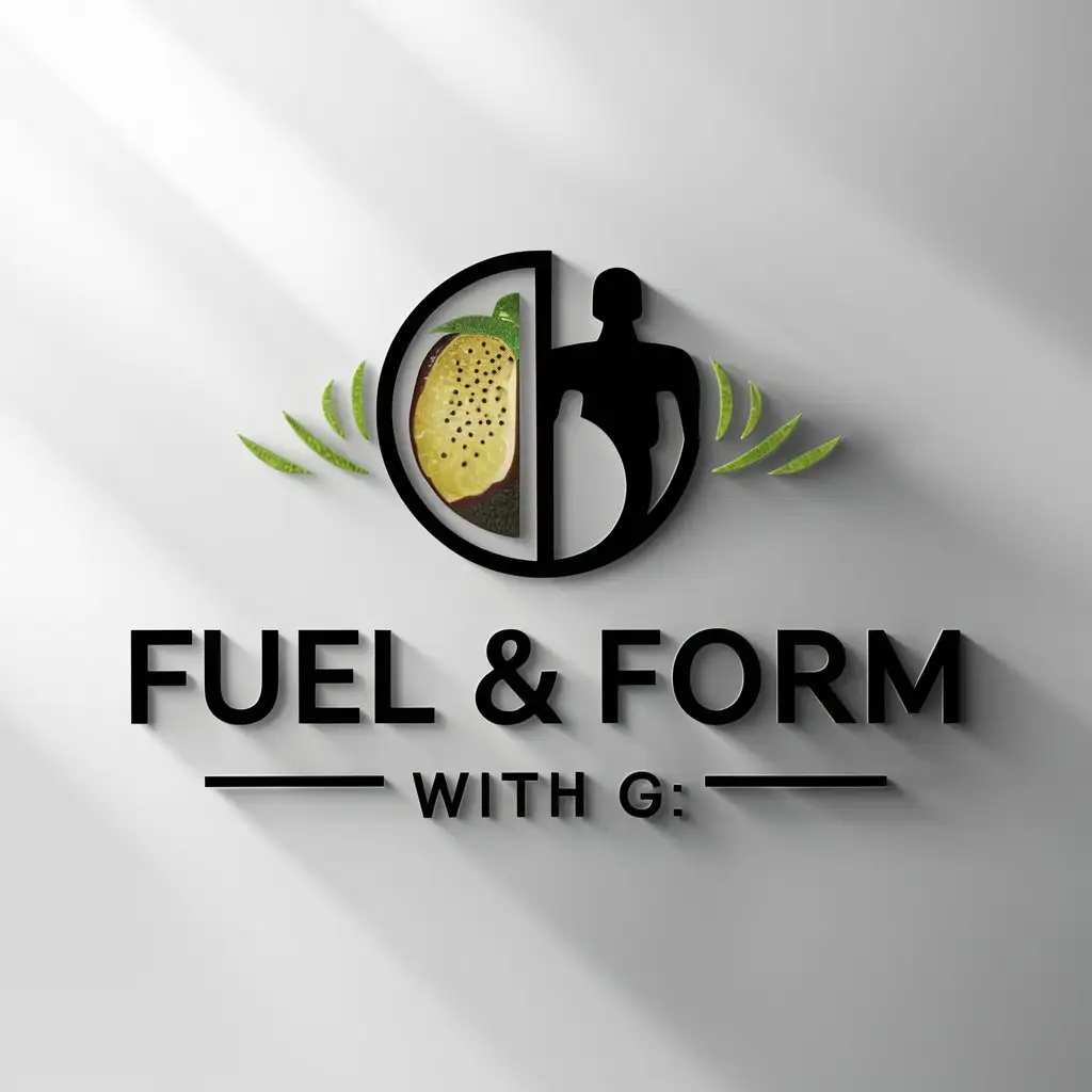 a logo design,with the text "Fuel & Form with G", main symbol:healthy food & silhouette of strong body,Moderate,clear background