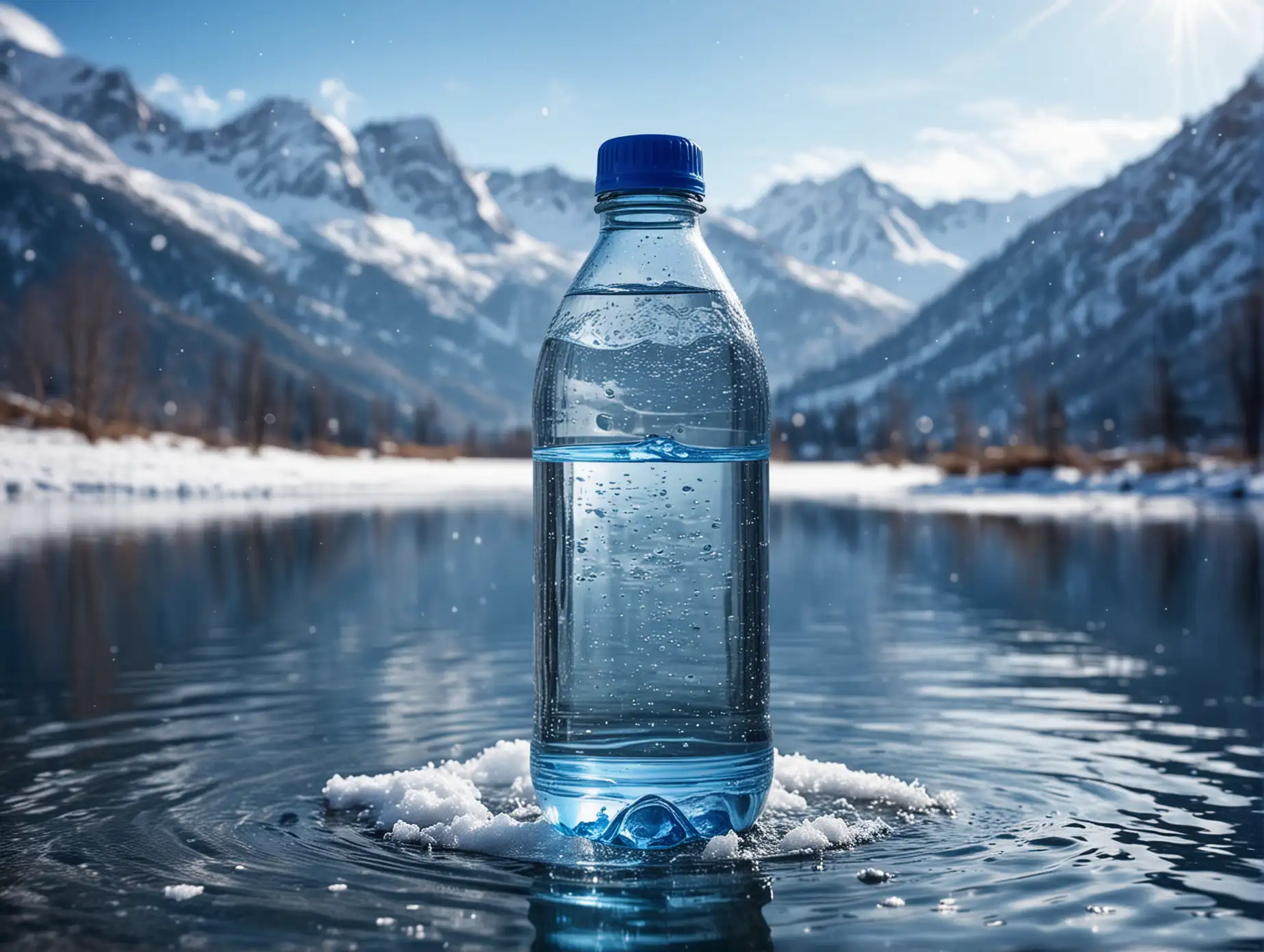 бутылка воды 0,5, стекло, стоит в воде, вокруг небольшие брызги,  на фоне снежных гор  и чистой воды, природа, чистота, много голубого и синего цвета 