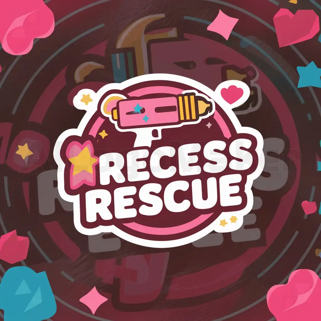 a logo design,with the text "Recess Rescue", main symbol:water gun, cute, stars, hearts, pink, dark, colourful,Moderate,be used in Entertainment industry,clear background