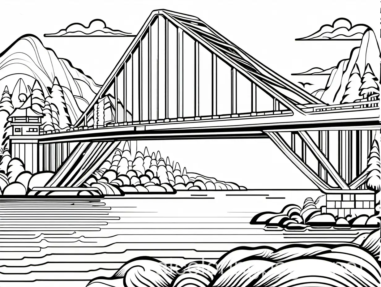 bridge, Coloring Page, black and white, line art, white background, Simplicity, Ample White Space. The background of the coloring page is plain white to make it easy for young children to color within the lines. The outlines of all the subjects are easy to distinguish, making it simple for kids to color without too much difficulty