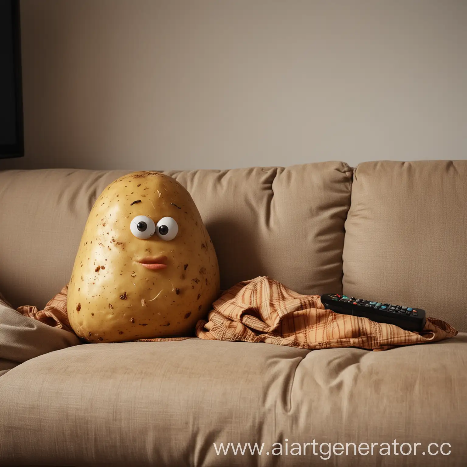 человек картошка лежит на диване и смотрит телевизор