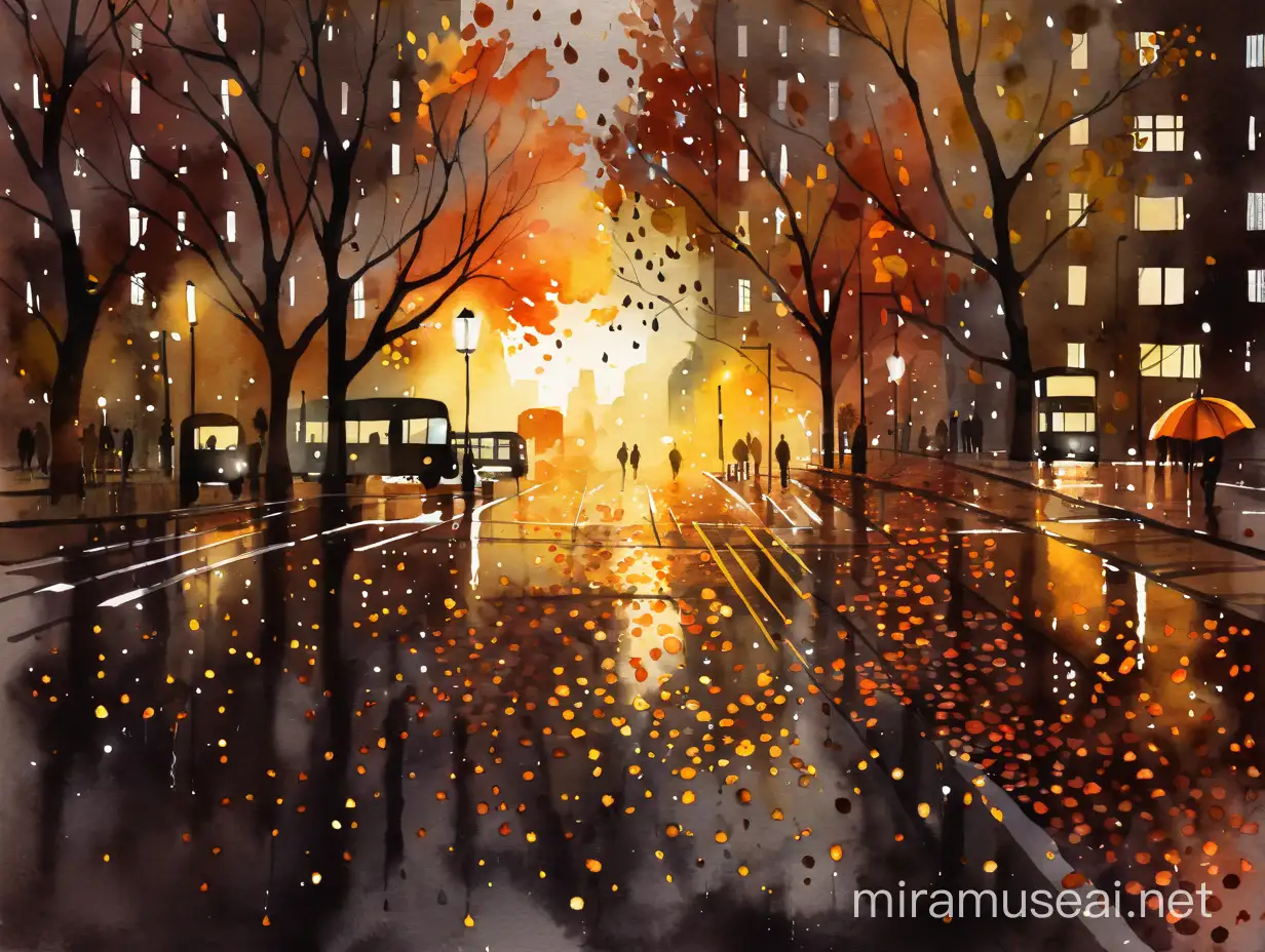 Urban Autumn Splendor Rainy Watercolour Cityscape