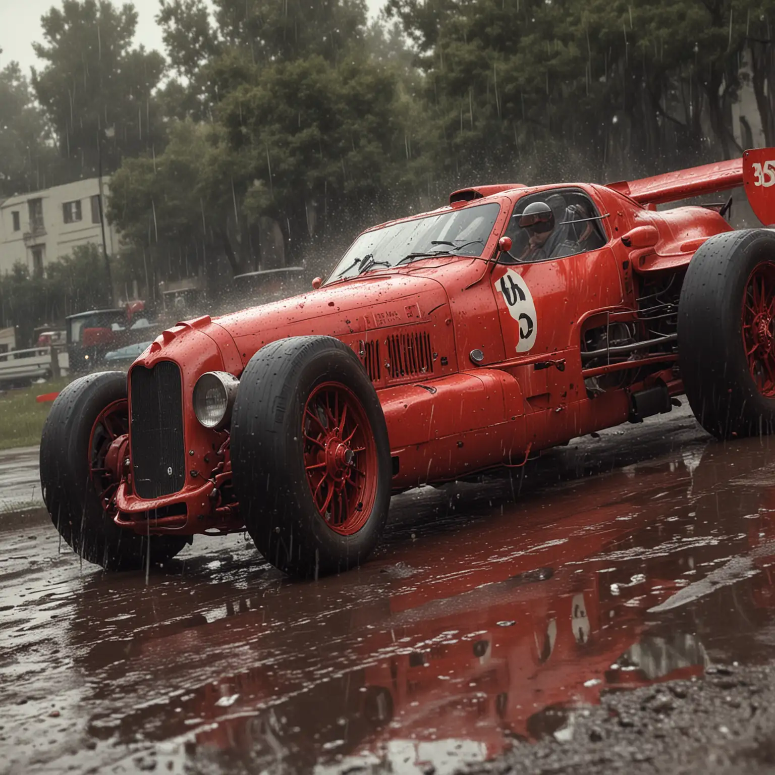 Vintage Red Race Car in Monochromatic Realism Style