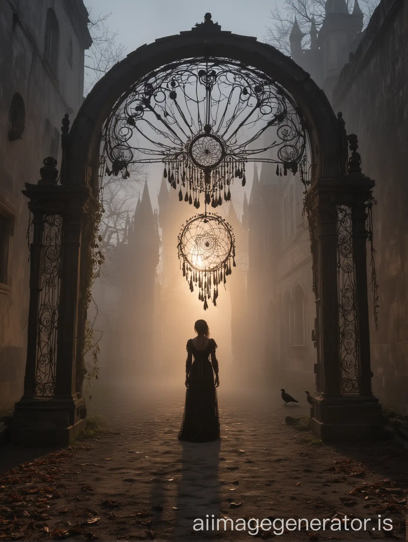 A mysterious figure of a woman dressed in a black dress is standing in the courtyard of a neo-Gothic castle, enveloped by a dense fog, during sunset. She holds a dream catcher in her hand, and crows are circling around her. Capture this scene with a full-frame camera, using a wide-angle lens with a focal length of 20 mm. The aperture is set to 5.6, shutter speed is 1/125 seconds. Focus on a closed and symmetrical composition, referring to the Victorian era in every detail's style. The entire figure must be visible from feet to head, and the frame should emit a mysterious atmosphere.