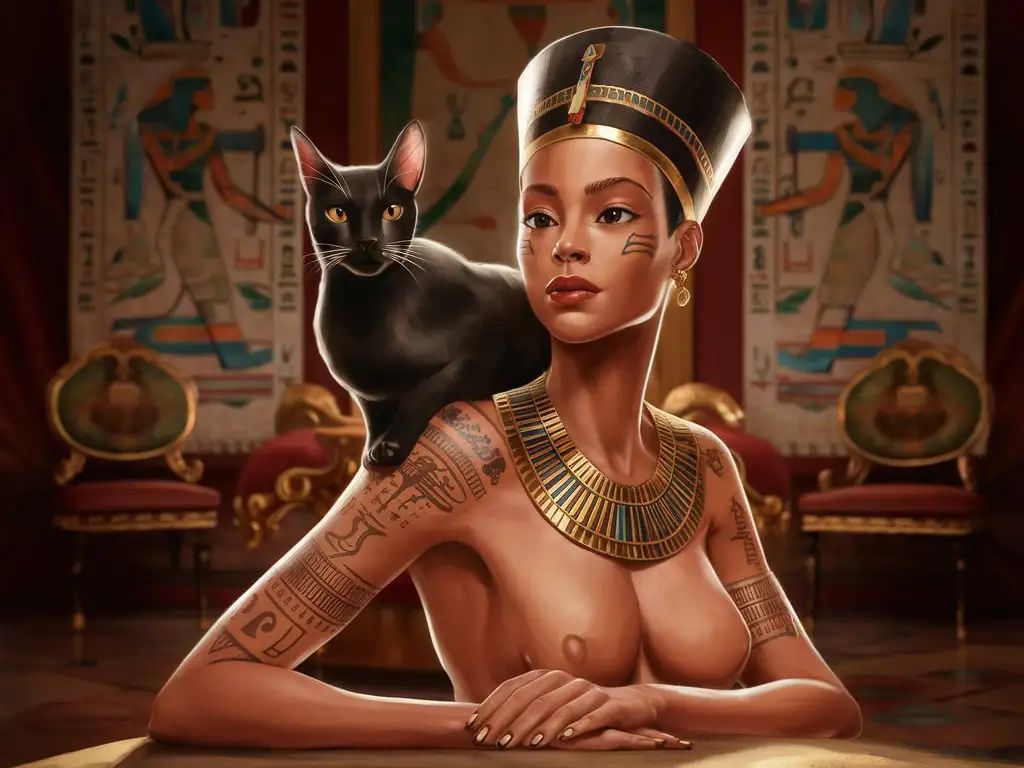 nude eygptian queen with tattoos and cat