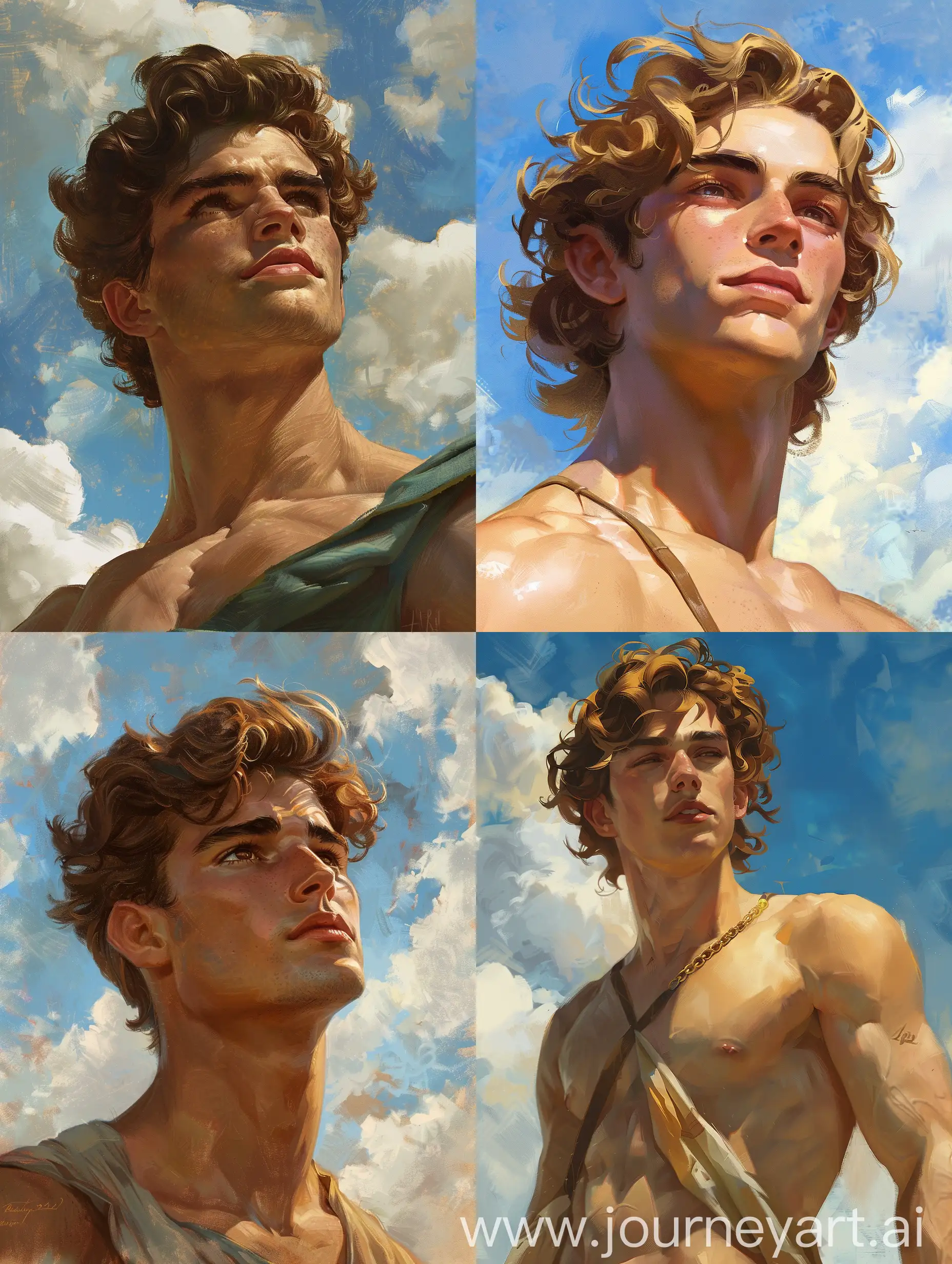 Subject: waist up view a young demigod that appears more god than mortal. Bronze golden brown skin, golden brown hair, brown eyes, youthful and muscular and lean and very handsome.

Background: the open sky.

Color and style and detail: most beautiful artwork in the world, professional majestic oil painting by Ed Blinkey, Atey Ghailan, Studio Ghibli, by Jeremy Mann, Greg Manchess, Antonio Moro, trending on ArtStation, trending on CGSociety, Intricate, High Detail, Sharp focus, dramatic, photorealistic painting.

@planet.ai, visually striking composition.