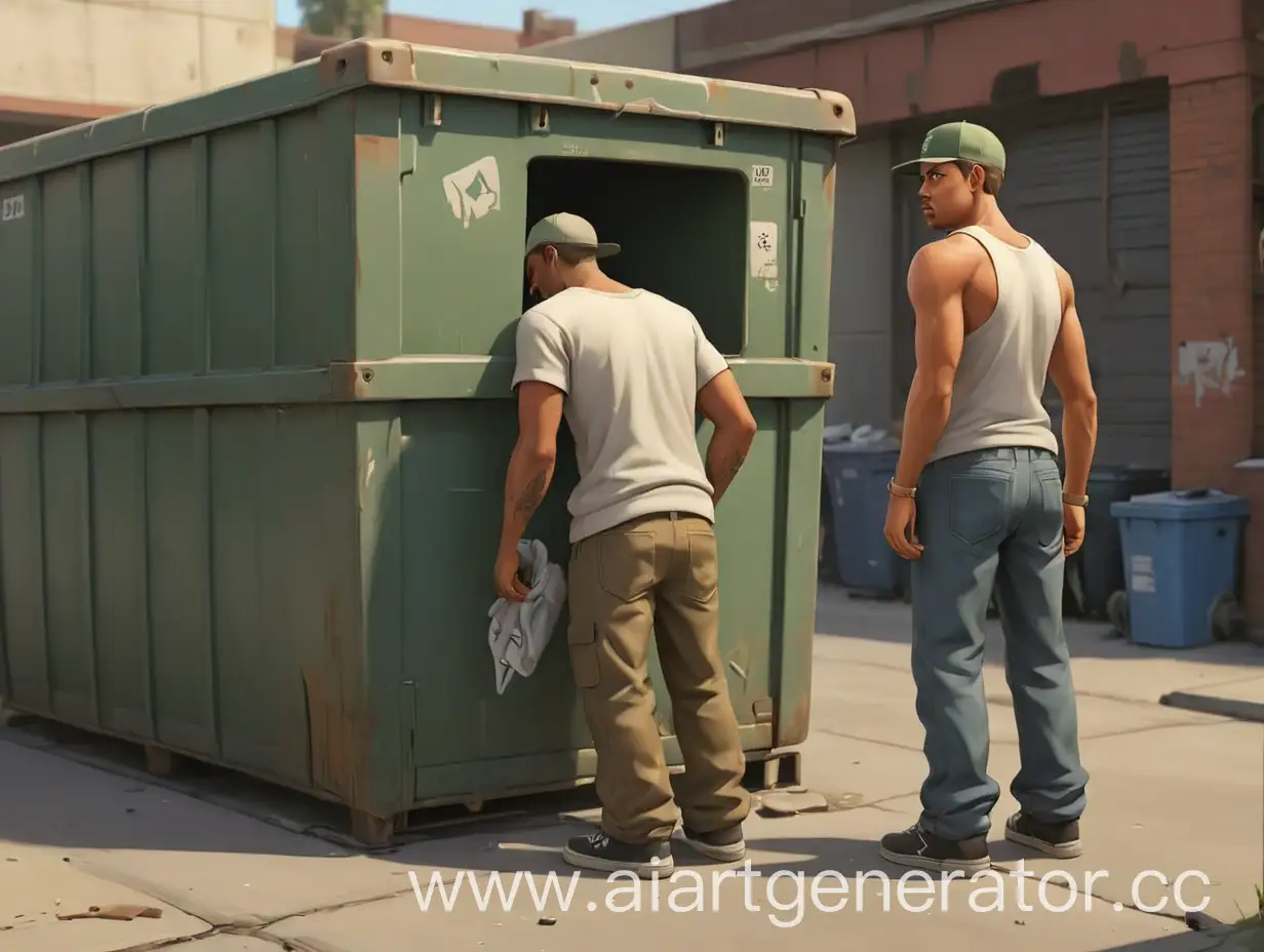Бомжик стоит рядом с мусоркой, нарисовать в стиле Grand Theft Auto San Andreas