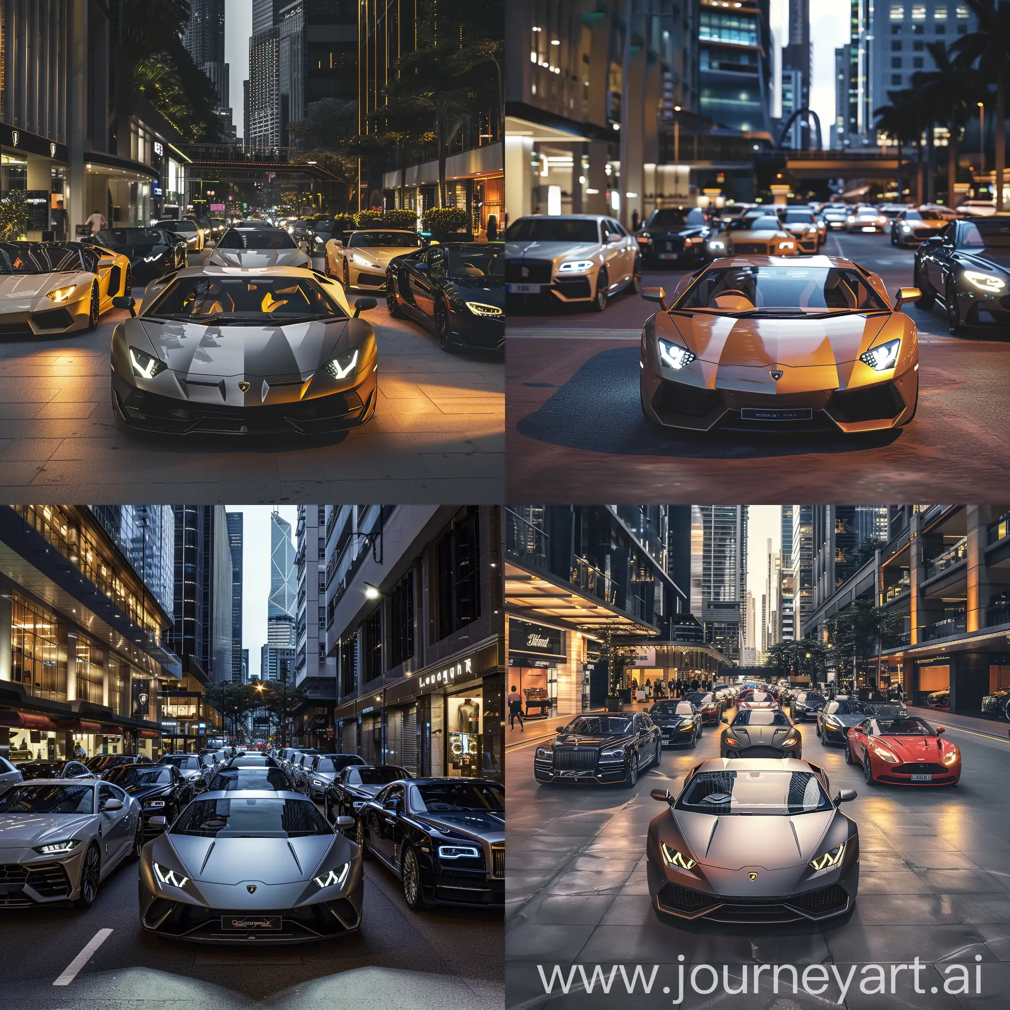 In the heart of a chic urban boulevard, a stunning Lamborghini takes center stage, surrounded by a magnificent assembly of luxury cars, including Rolls-Royces, Ferraris, Bugattis, and Aston Martins. The scene is alive with vibrant, dynamic lighting that highlights each curve and detail of the sleek, high-gloss finishes of the vehicles. Stylish urban architecture frames the scene, with modern skyscrapers and elegant storefronts adding to the ambiance of sophistication. The atmosphere exudes an unparalleled sense of exclusivity and opulence, capturing the very essence of an elite automotive lifestyle. The composition is a visual symphony of high-end automotive excellence, accentuated by the interplay of shadows and reflections on the pristine surfaces of the cars.