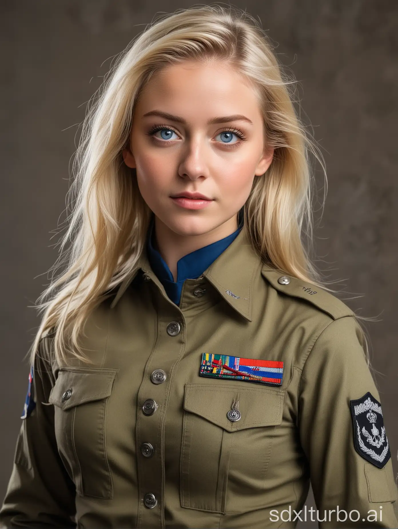 Chica rubia de ojos azules con uniforme militar pegado al cuerpo, falda y escote
