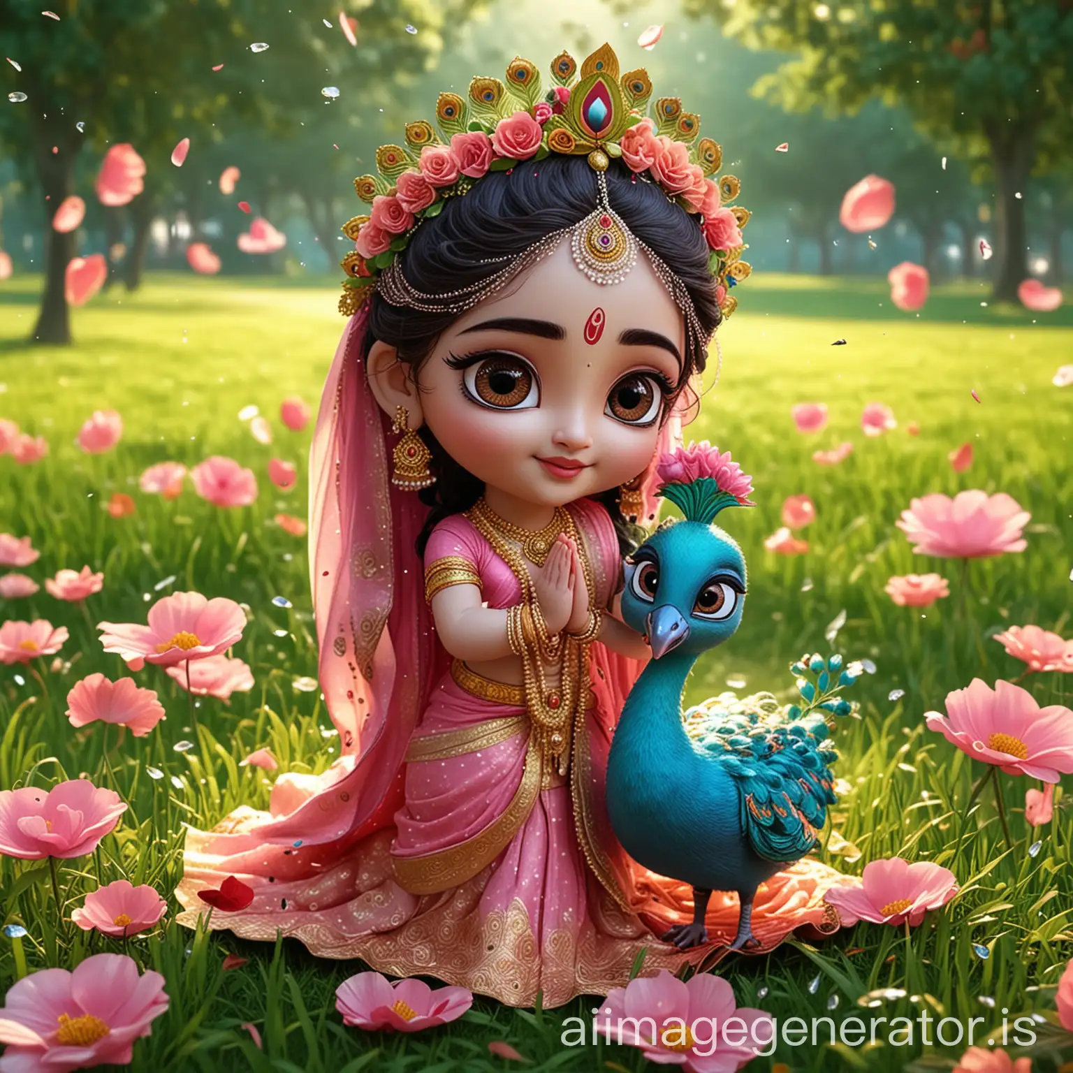 sri  krishna holdin the hands of Radha , the rose pettels are falling they are standing on grass they are with cute face big eyes in animation , on head of Krishna there is a peacock feather