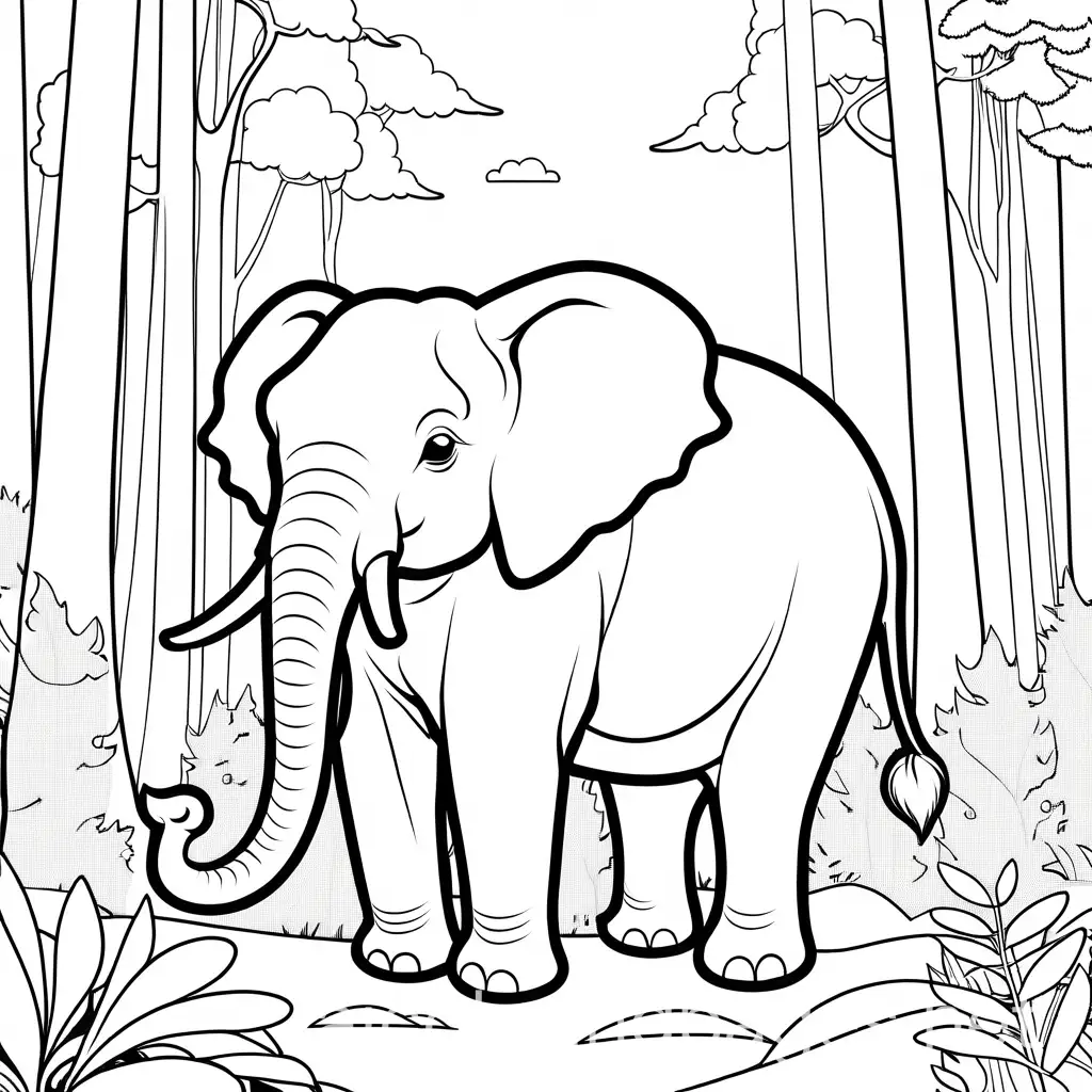 Prompt ANIMALS ,PLS EASY LEVEL elephant in forests Coloring Page, black and white, line art, white background, Simplicity, Ample White Space. The background of the coloring page is plain white to make it easy for young children to color within the lines. The outlines of all the subjects are easy to distinguish, making it simple for kids to color without too much difficulty, Coloring Page, black and white, line art, white background, Simplicity, Ample White Space. The background of the coloring page is plain white to make it easy for young children to color within the lines. The outlines of all the subjects are easy to distinguish, making it simple for kids to color without too much difficulty