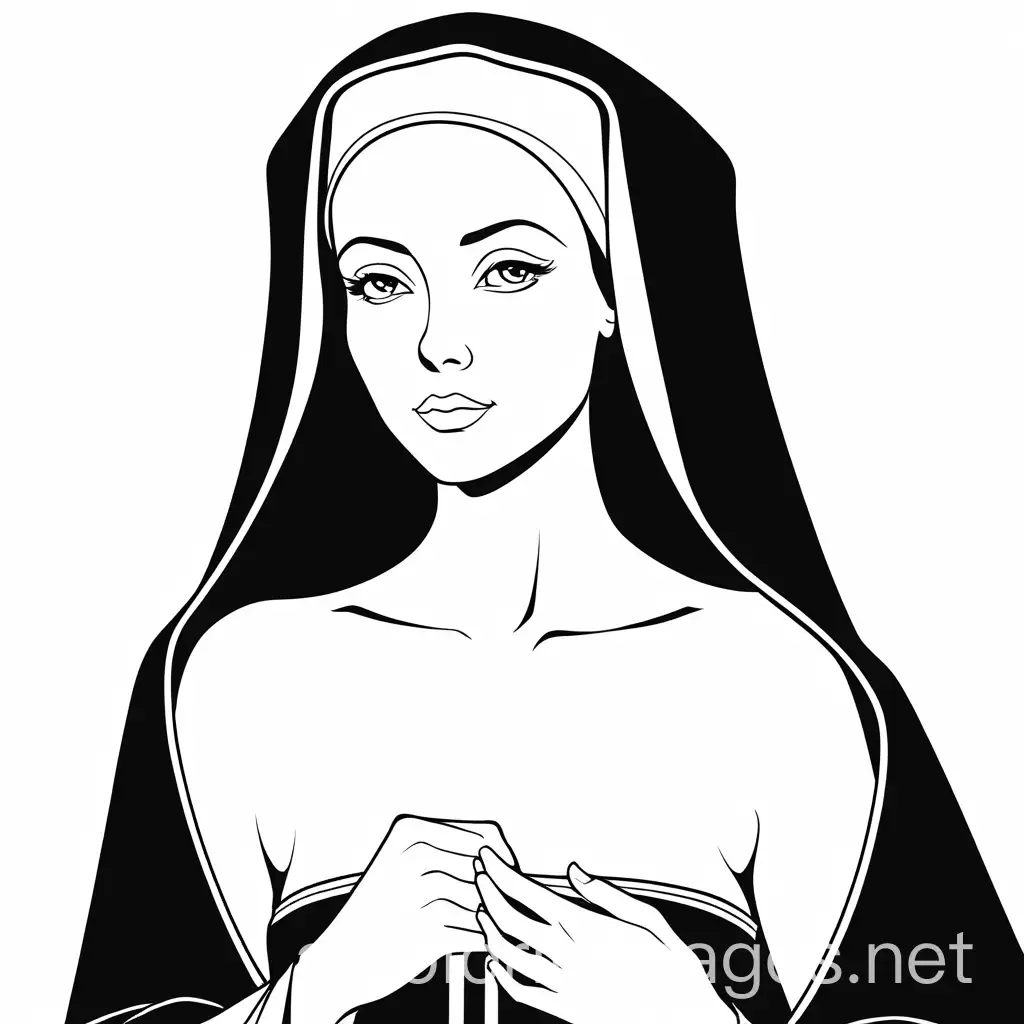 topless nun, Coloring Page, black and white, line art, white background, Simplicity, Ample White Space. The background of the coloring page is plain white to make it easy for young children to color within the lines. The outlines of all the subjects are easy to distinguish, making it simple for kids to color without too much difficulty