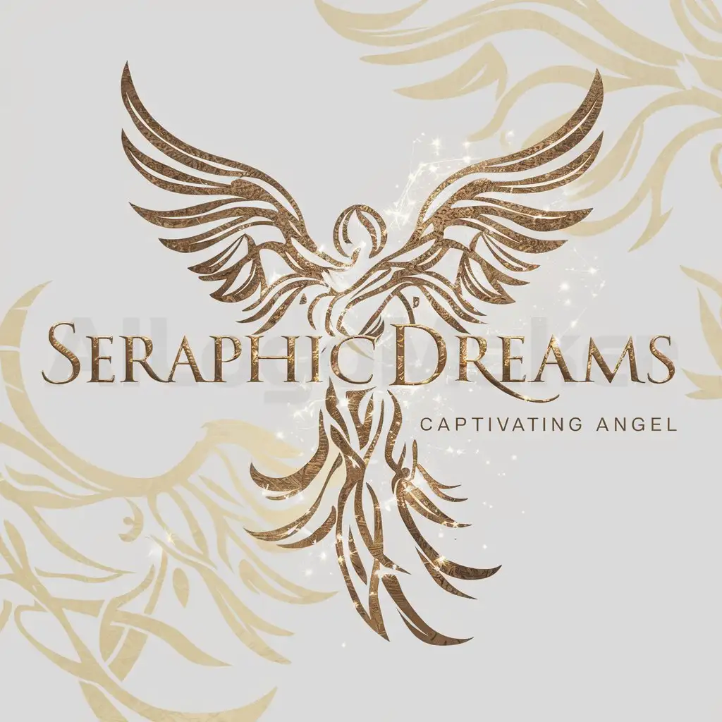 a logo design,with the text "seraphicdreams", main symbol:angels, golden,complex,clear background