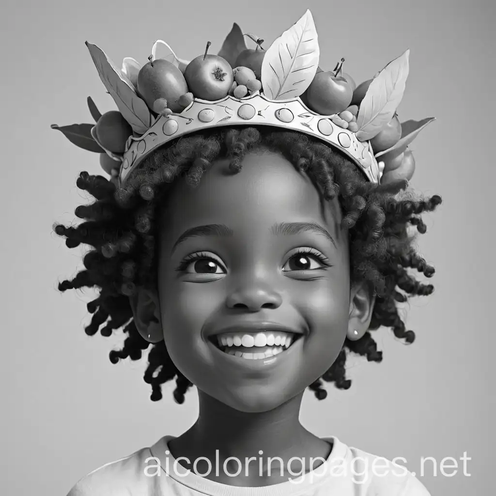 a black child wearing a fruit crown with a big smile on their face, Coloring Page, black and white, line art, white background, Simplicity, Ample White Space. The background of the coloring page is plain white to make it easy for young children to color within the lines. The outlines of all the subjects are easy to distinguish, making it simple for kids to color without too much difficulty