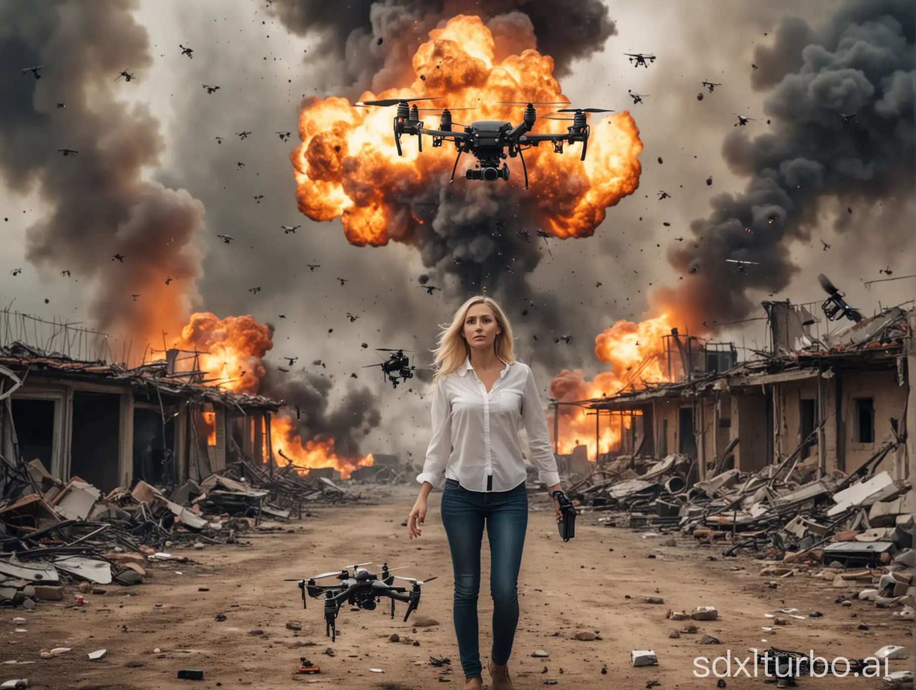 a wife and husband with drones on hand ,behind explosion like a war