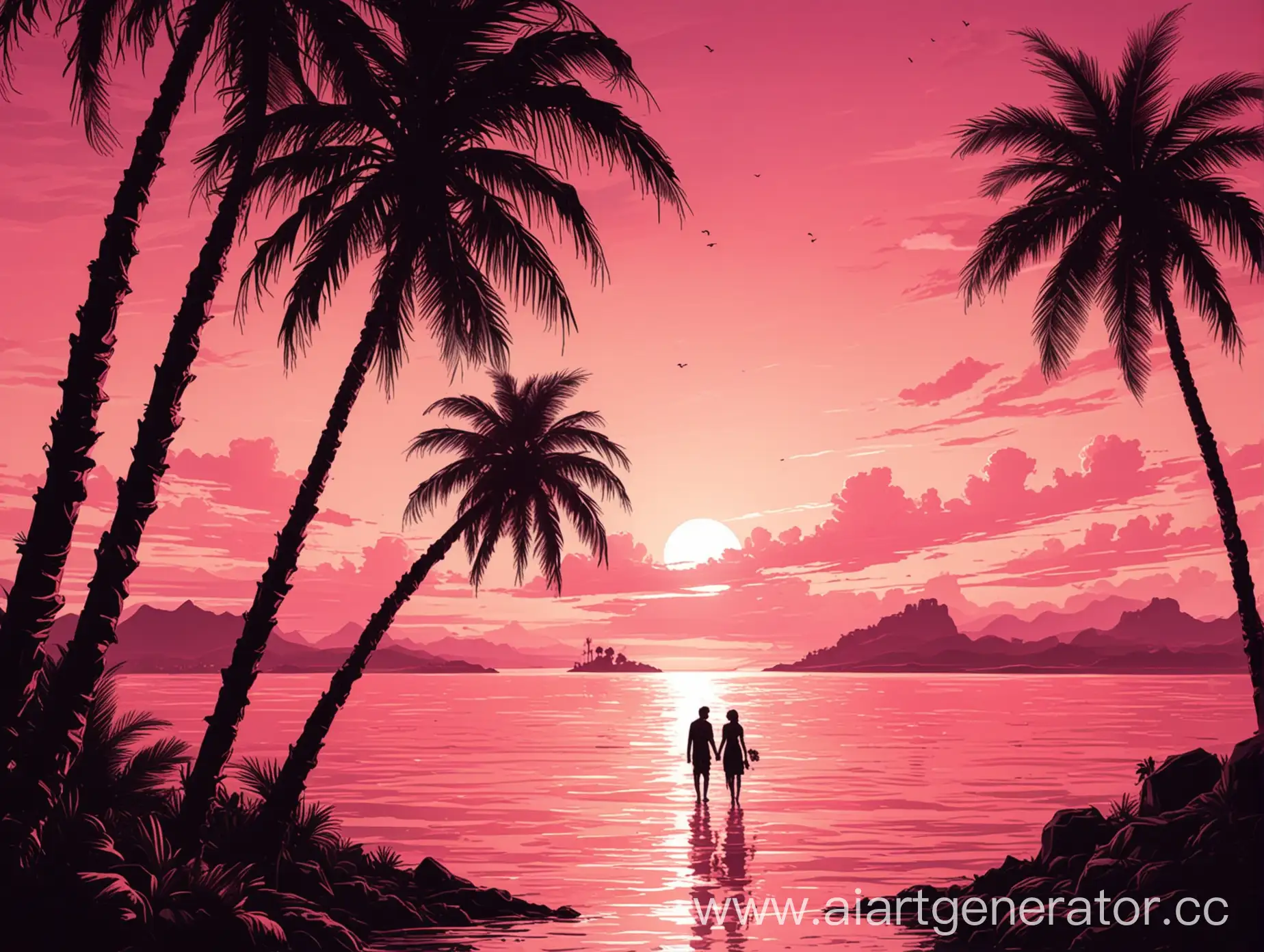 Romantic-Cartoonish-Pink-Sunset-on-Island-with-Silhouetted-Couple