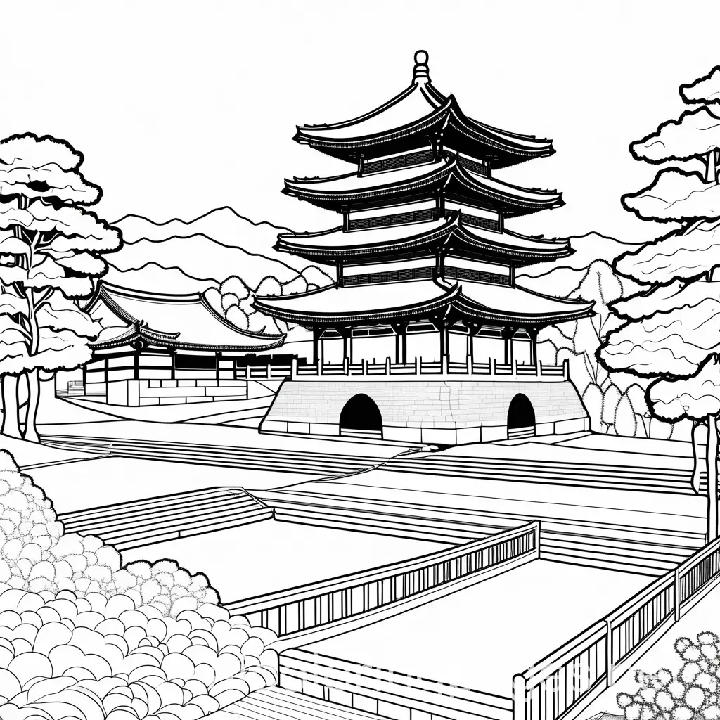 creae a coloring page of National Folk Museum of Korea, black and white, line art, white background, Simplicity, Ample White Space, The background of the coloring page is plain white to make it easy for young children to color within the lines. The outlines of all the subjects are easy to distinguish, making it simple for kids to color without too much difficulty