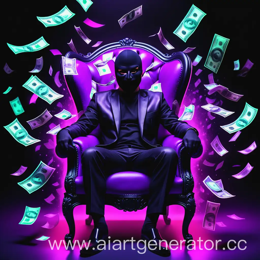 Luxurious-Black-Masked-Man-Surrounded-by-Flying-Dollars-in-Neon-Style