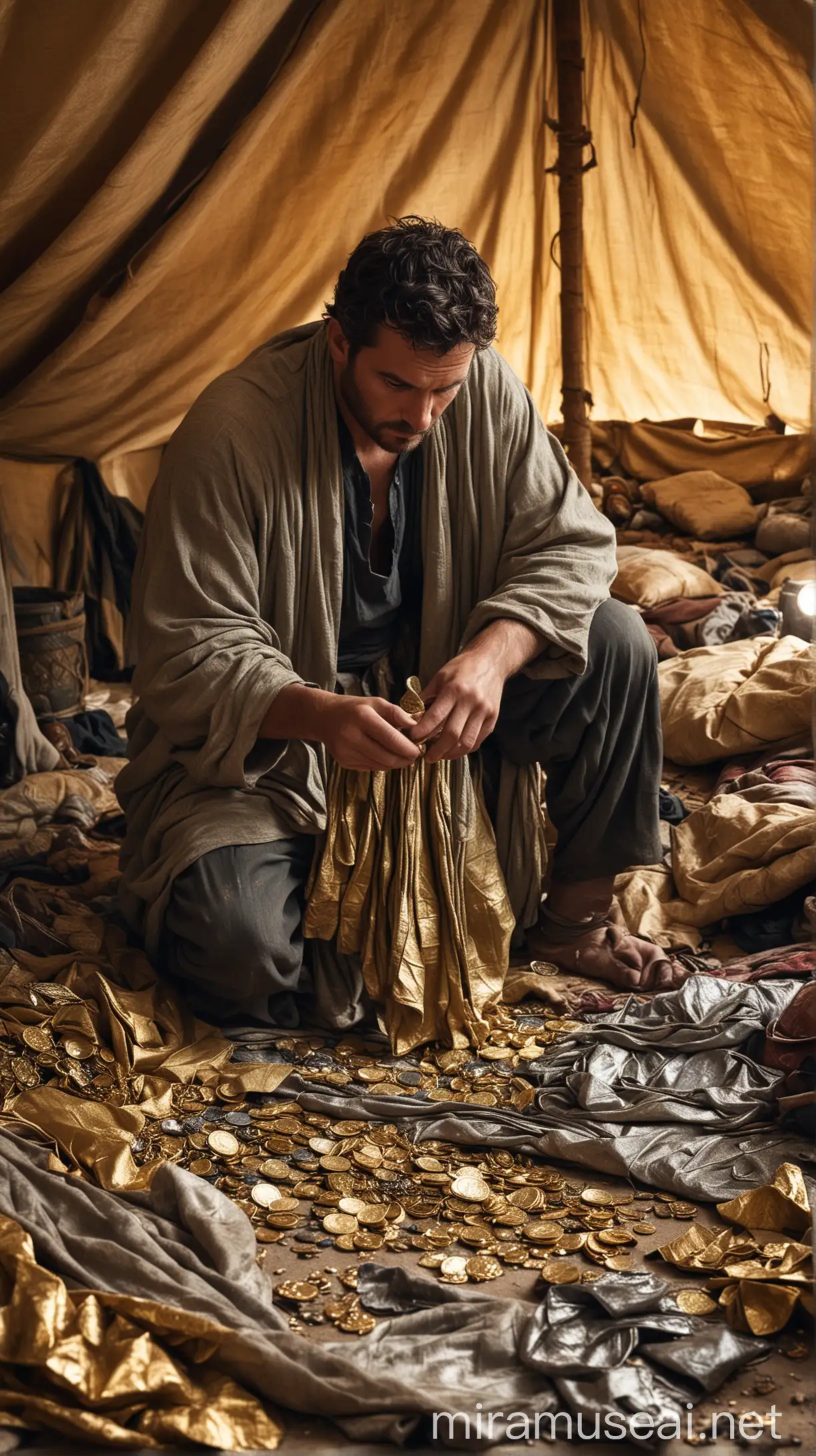 Generate an image of a man stealthily taking a garment, gold, and silver from a pile of spoils in an ancient tent setting.”In ancient world 