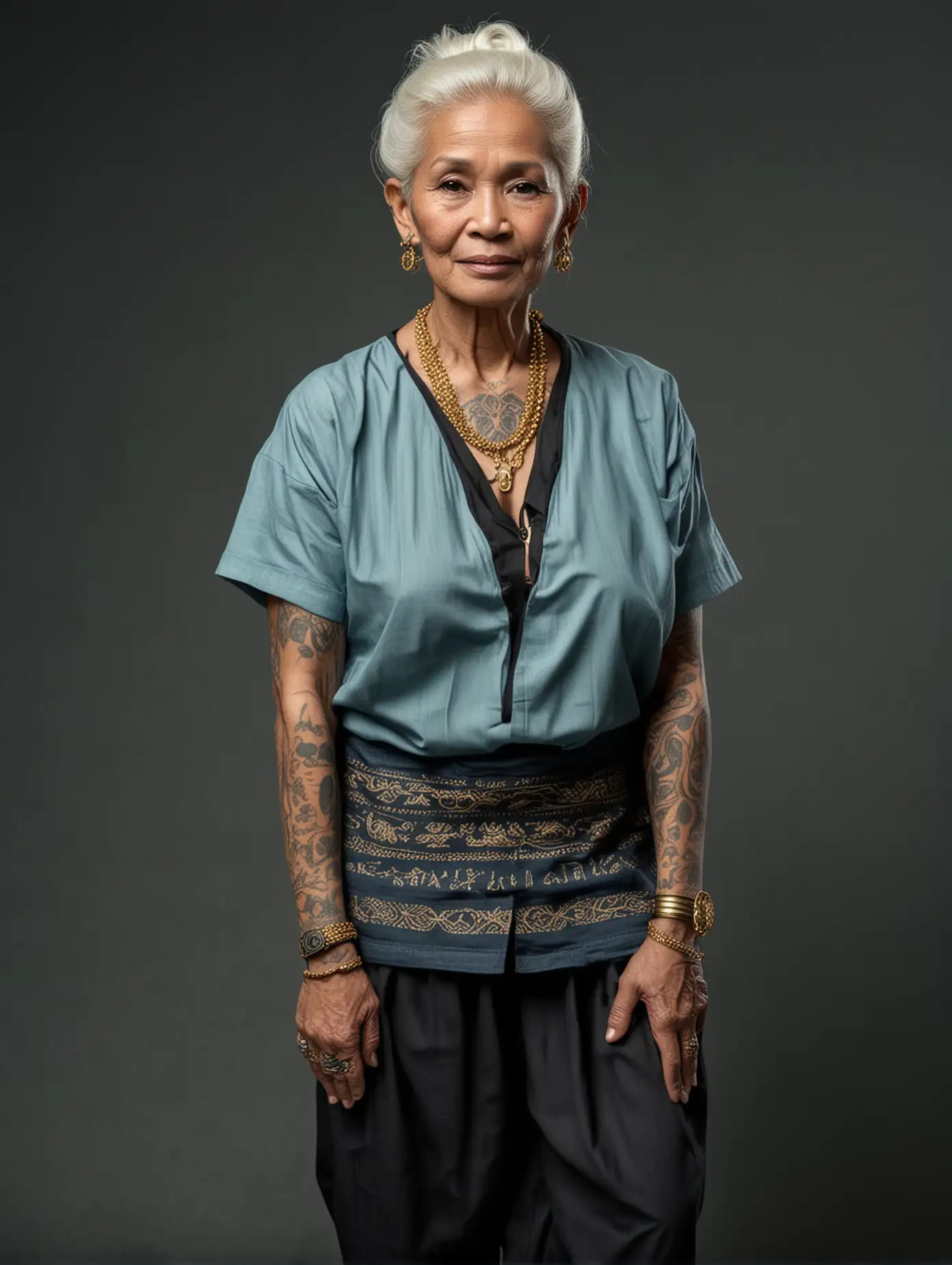 70 year old Indonesian woman. white hair tied in a bun, light skin, gold jewelry, long light blue cloth, black sandals, tattoos all over his body. plain black background