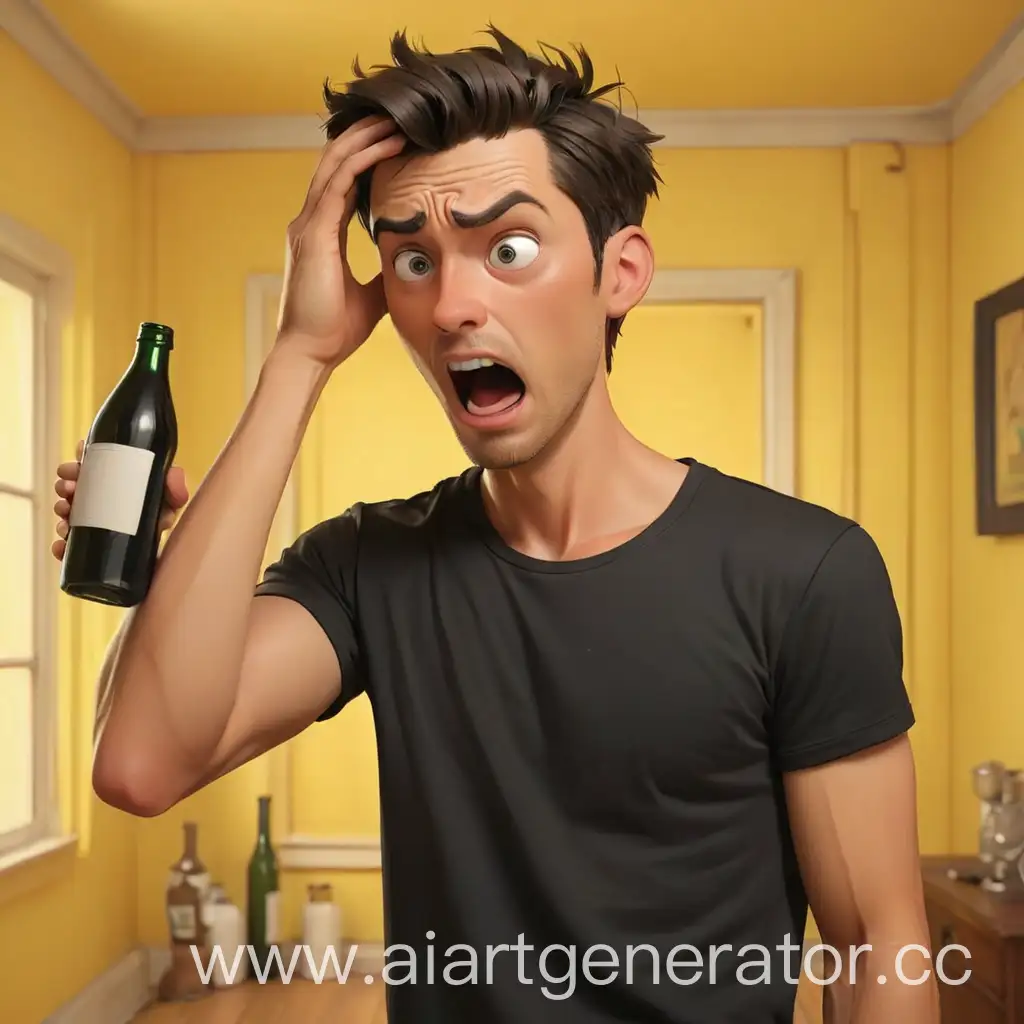Cartoonishly-Attractive-Man-in-Black-TShirt-Expresses-Shock-with-Bottle-in-Yellow-Room