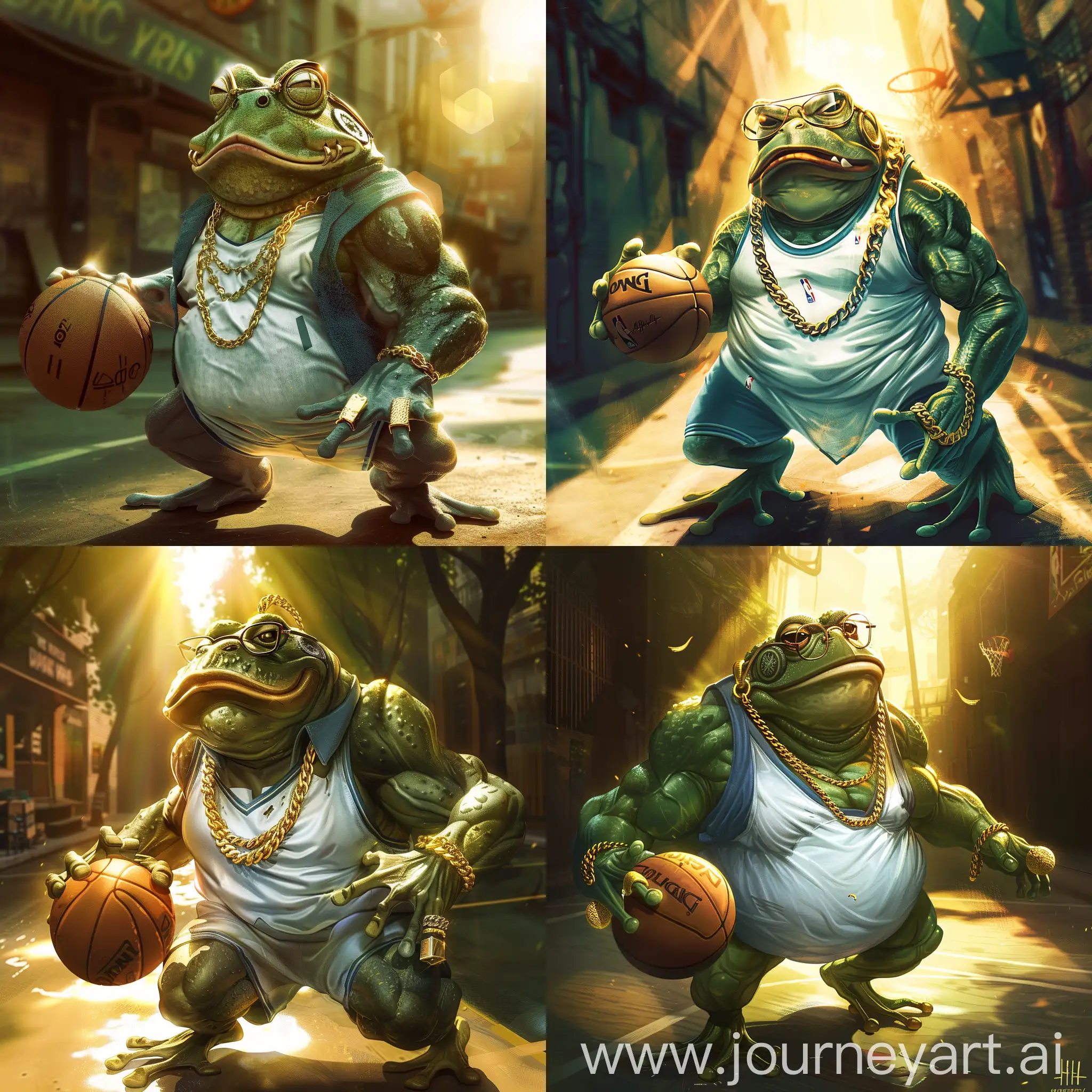 Dynamic-Street-Basketball-Muscular-Frog-Dribbling-Ball-with-Gold-Accessories